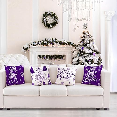 Miniatura 5 de Artmag Juego de 4 fundas de almohada de Navidad moradas de 16 x 16 pulgadas, decoración navideña, árboles, ciervos, muñeco de nieve, Feliz Navidad,