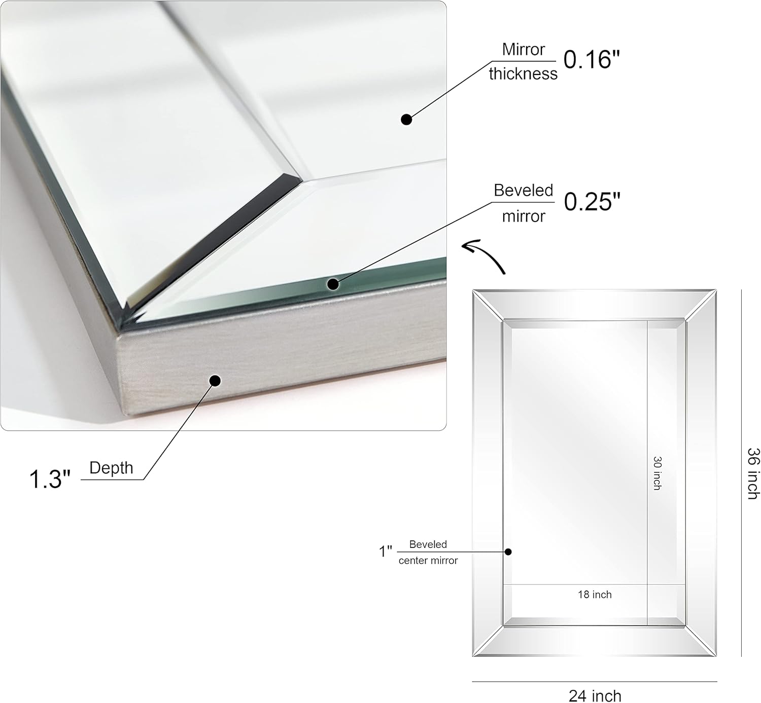 Empire Art Direct Wall Mirrors Rectangular Mirrors for Wall, Wall-Mounted Beveled Mirrors, Bathroom Vanity Mirror, Solid Wood Frame,1"-Beveled Center Mirror, 24" x 36", Ready to Hang, Clear