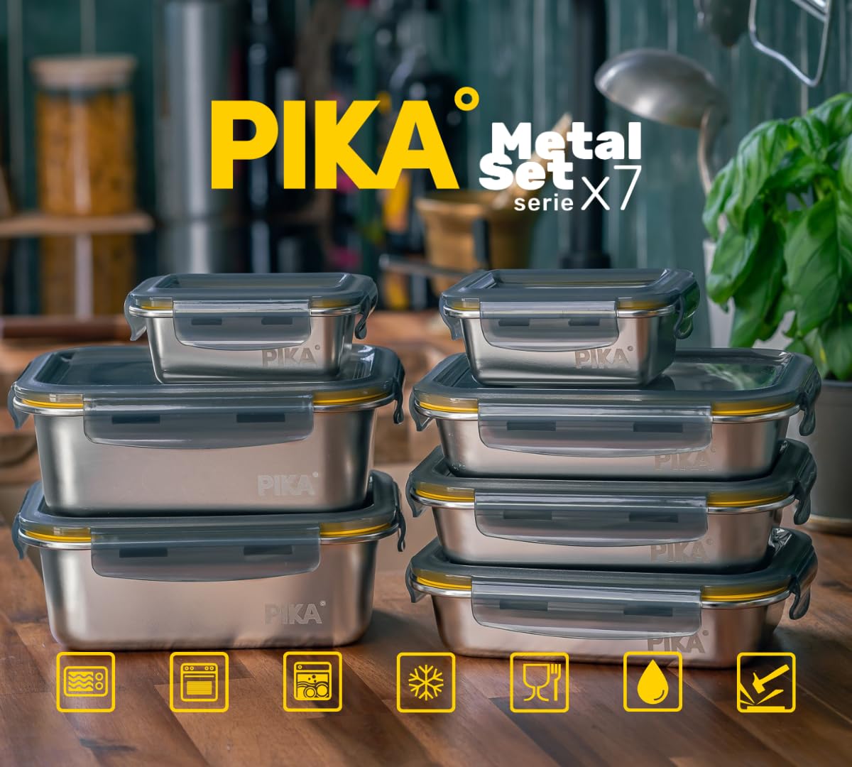 PIKA° Premium Edelstahl-Frischhaltebehälter-Vorratsdosen Set (7-tlg.) | Mikrowellen- & Ofenfest | Luftdichte Frischhaltedosen für Meal Prep & Batch Cooking | Spülmaschinenfest & BPA-frei