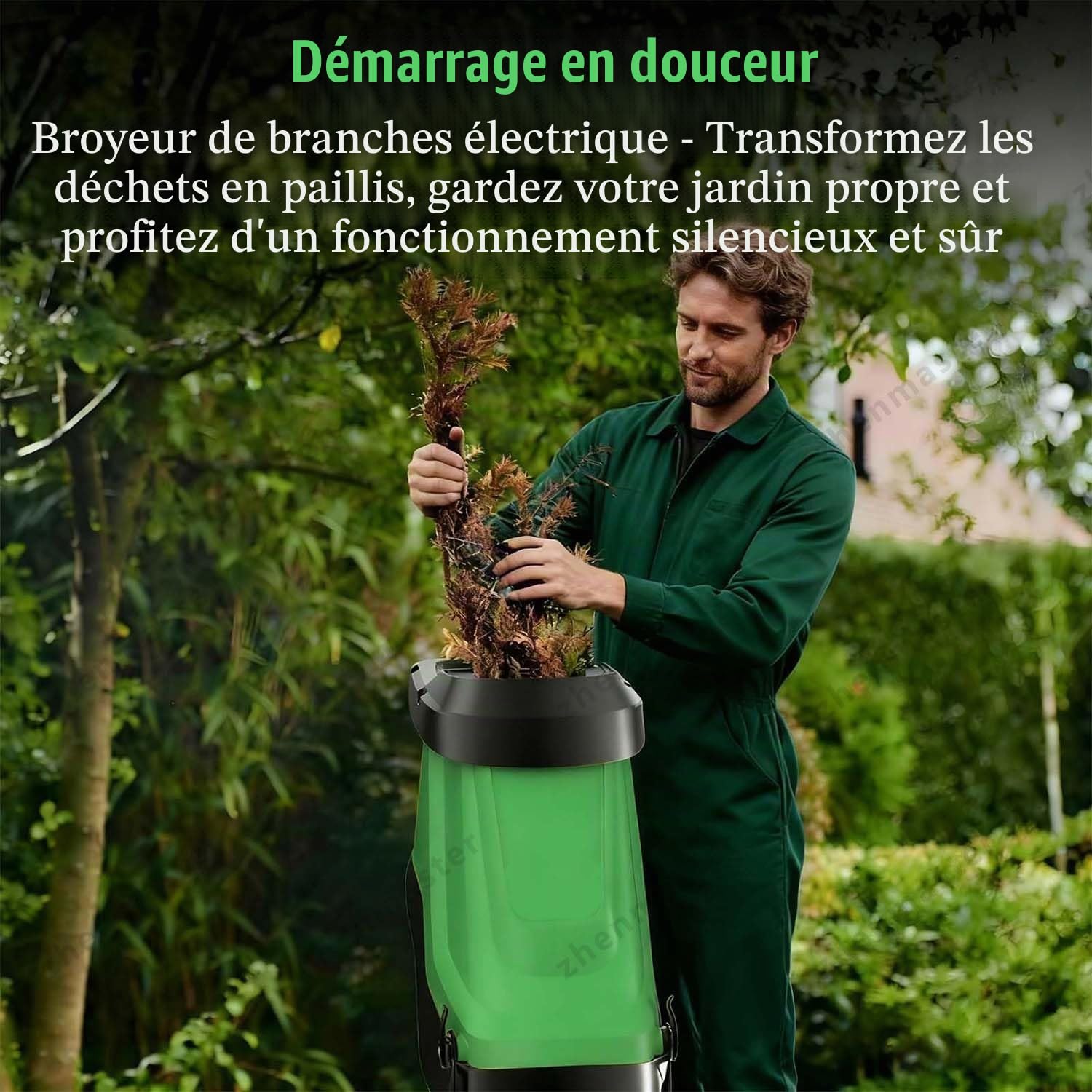 Broyeur De Jardin Électrique Puissant 2400W Avec Sac 50L, Déchiqueteuse À Bois 40mm Sur Roues, Broyage Silencieux Pour Branches, Feuilles Et Déchets Végétaux