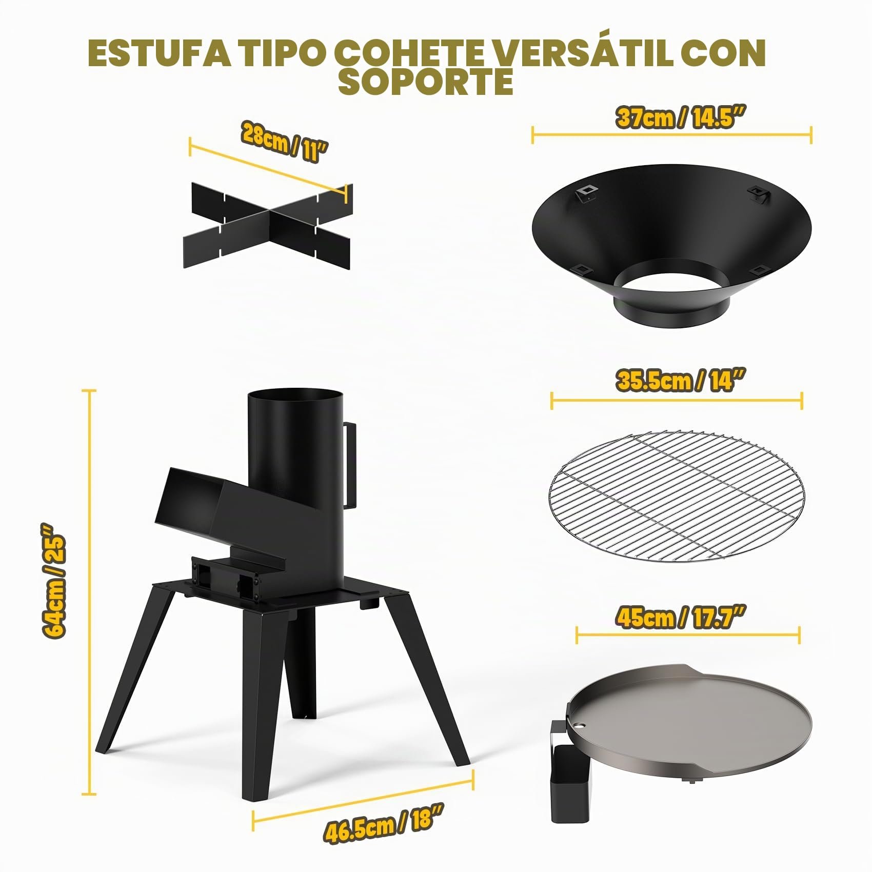 Onlyfire Estufa de Cohete de Camping Estufa Rocket Portátil, Estufa de Cañón con Placa Grill, Rejilla Grill y Rejilla para Ollas, 3 en 1 Multifunción Rocket Stove, Horno de Cohetes Exterior