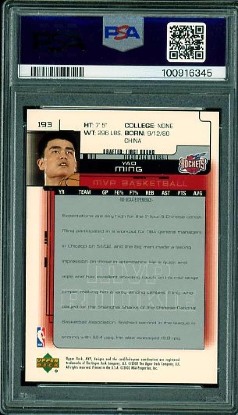 Yao Ming Rookie Card 2002-03 Upper Deck MVP #193 PSA 9 - Basketball Slabbed Rookie Cards