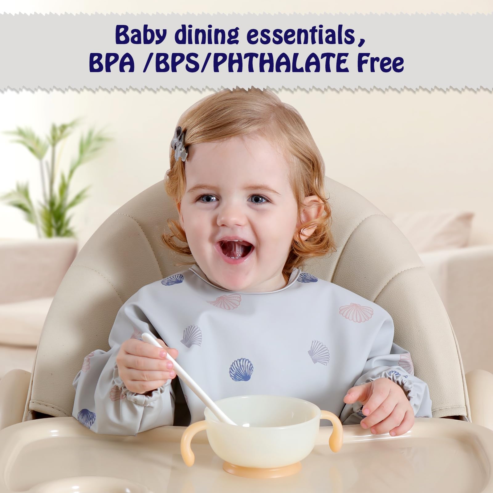 Zemiu Bavaglino per lo Svezzamento/Bavaglino per Bambini, 100% Impermeabile e in Morbido Materiale PU, Lavabile in Lavatrice, Tuta a Maniche Lunghe - Adatto per Bambini da 6 a 30 Mesi