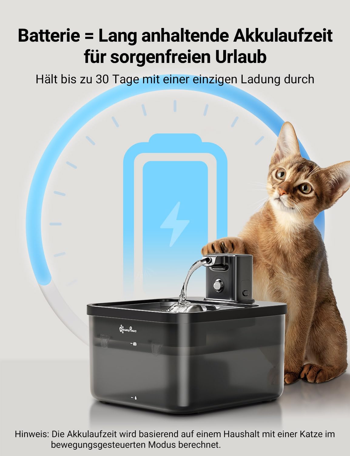 DownyPaws 2.5L Trinkbrunnen für Katze Kabellos, Katzenbrunnen Kabellos mit Bewegungsmelder, Batteriebetrieben Katzentrinkbrunnen, 4000mAh, Leise Wasserpumpe, Tablett aus Edelstahl für Katze, Schwarz