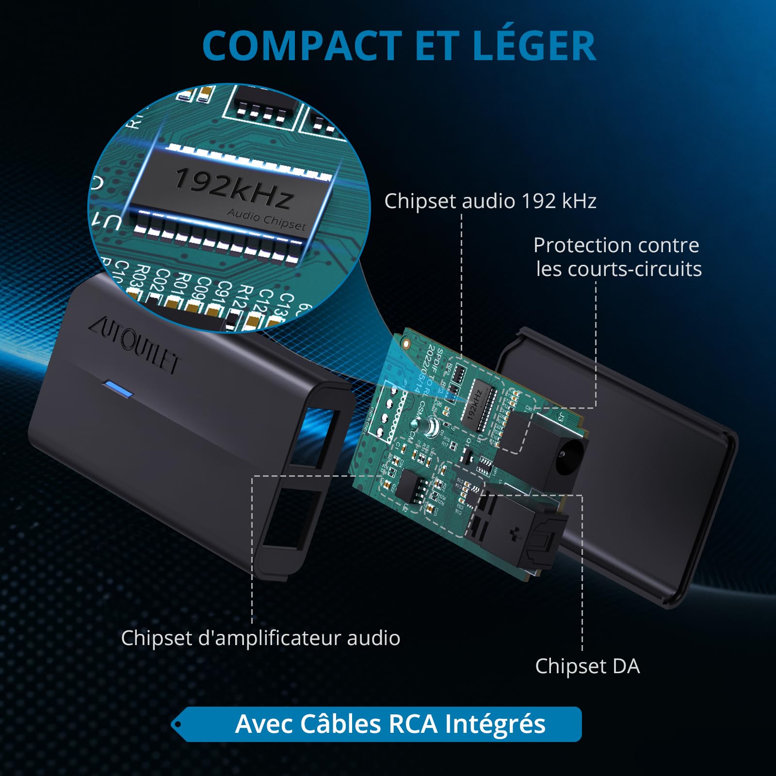 AUTOUTLET Convertisseur Audio Numérique Analogique 192kHz DAC Coaxial Optique SPDIF vers RCA Câble 0,8m + 1m pour HDTV DVD Blu-ray Sky