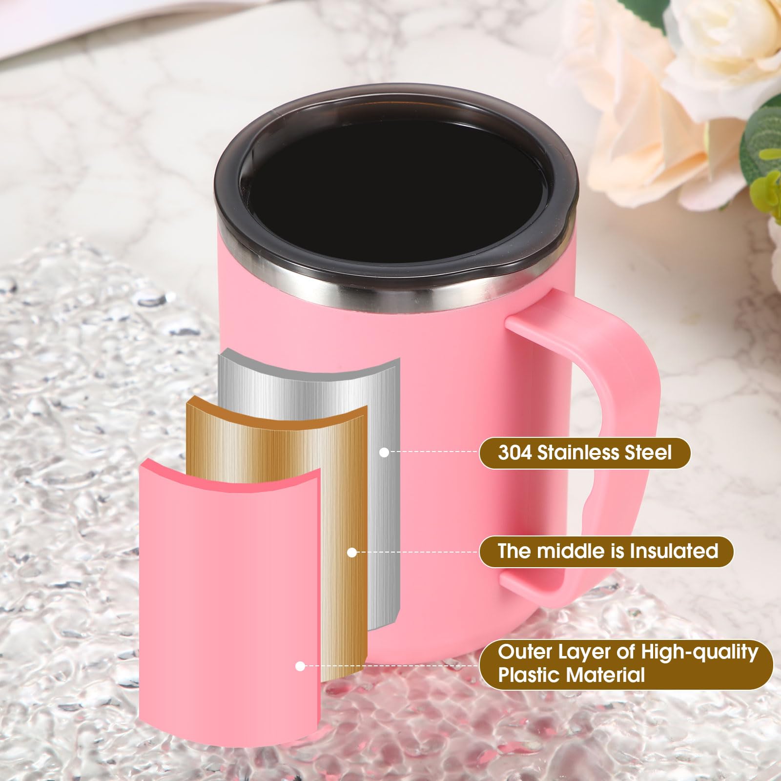 Paquete de 6 tazas de café con asa y tapa, taza aislada de acero inoxidable de 17 onzas, taza de vacío de doble pared, reutilizable, térmica, tazas de té para el hogar, oficina, campamento
