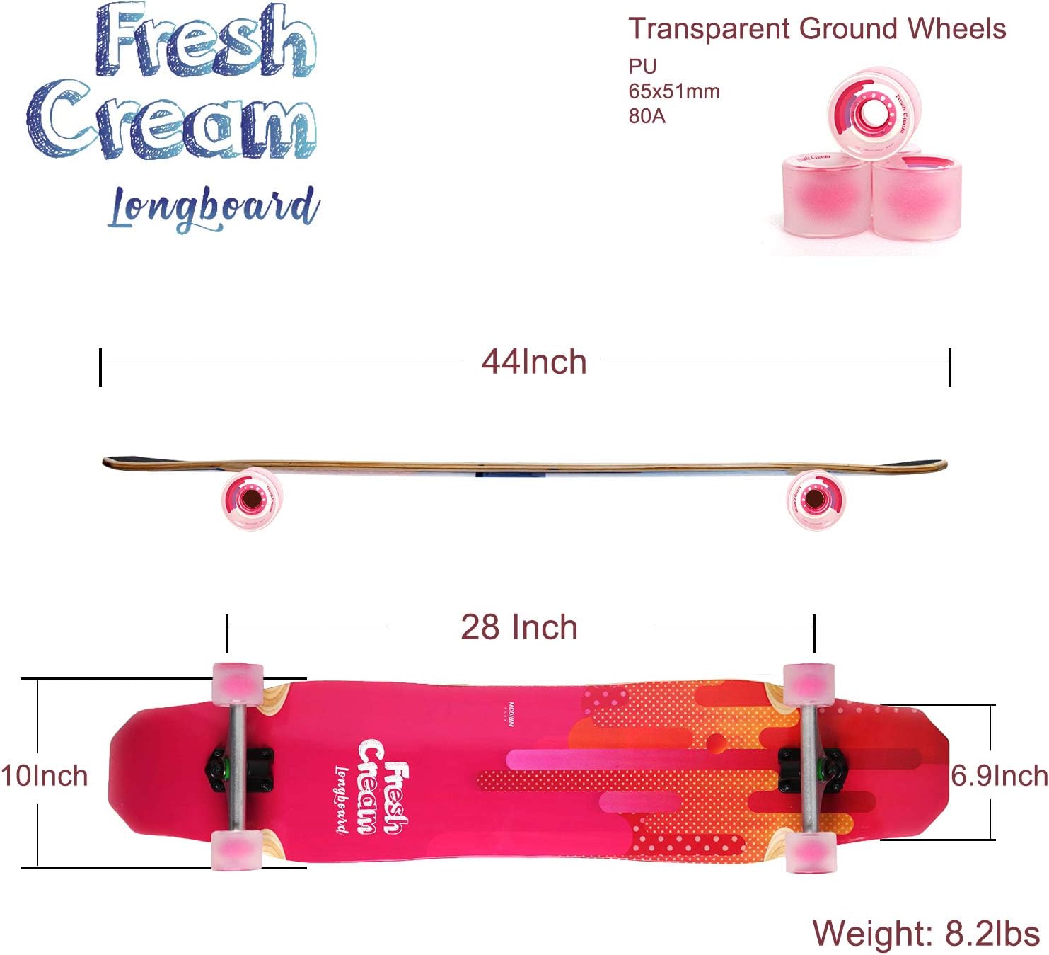 WHOME Longboard - 44 Inch Long Boards for Adults/Teenagers Girls/Kids Beginner/Pro Dancing Freeride Freestyle Cruising Longboards Skateboard (Pro Design Fresh Cream)