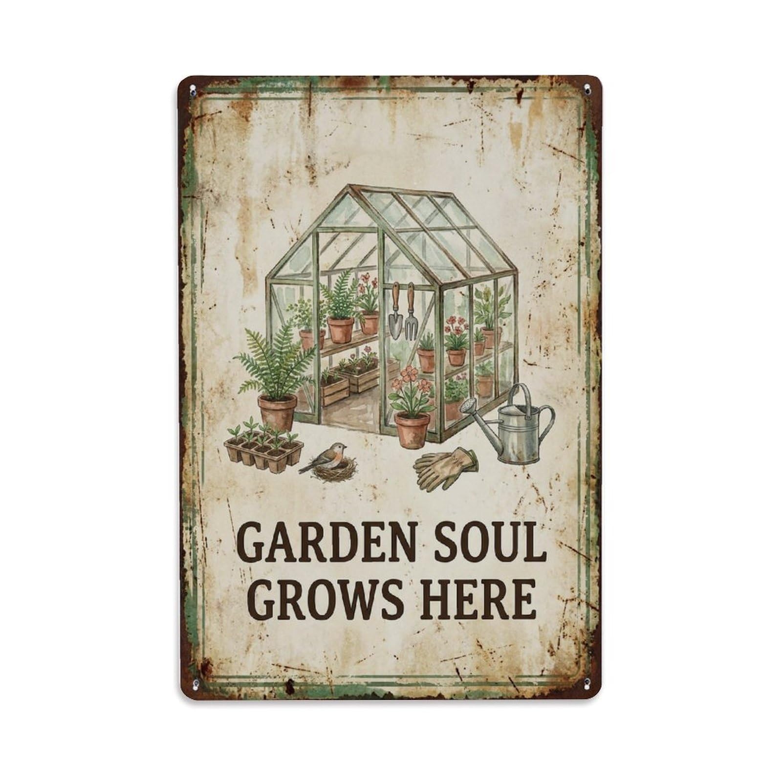 Garden Soul Grows Here Greenhouse Metal Tin Sign Plaque Wall Decor for Cafe, Club Bar, Office, Home Garden Metal Poster 8x12Inch