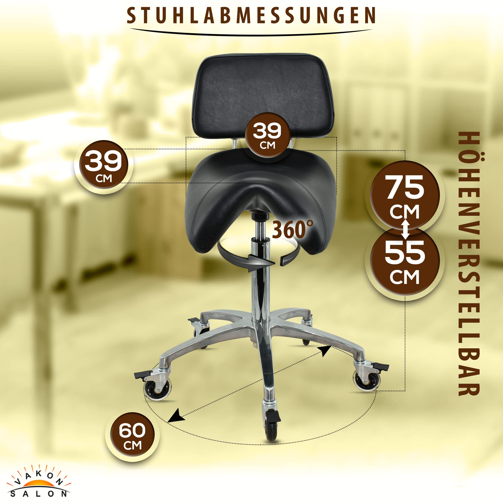 Breiter Sattelhocker schwarz mit Bremse und Lehne, Sattelstuhl für Rückenentlastung, Rollhocker höhenverstellbar von 55-75 cm, Praxishocker, Bürohocker, Arbeitshocker