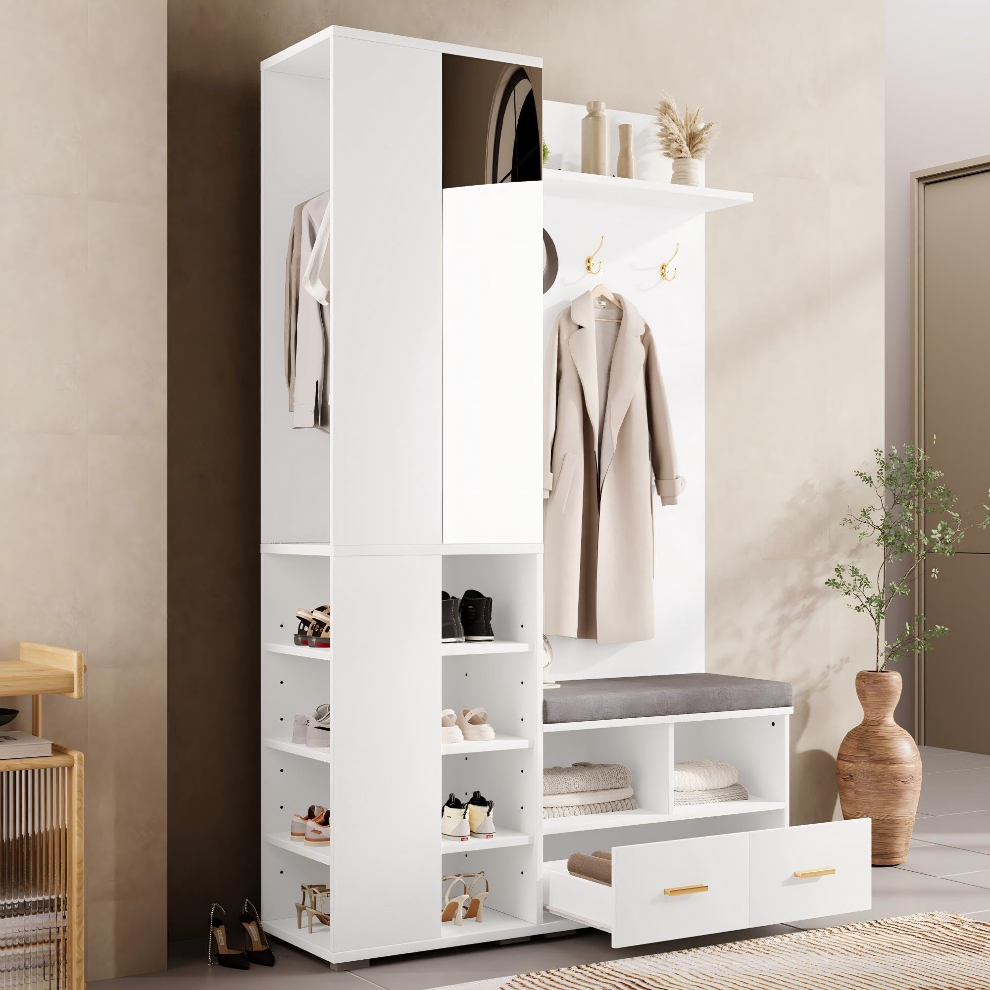 Juego de Perchero Pared con Espejo y 2 Cajones, Mueble Recibidor con Barra de Ropa y Estante Abierto, Conjunto de Perchero Entrada Recibidor, Banco y Dispositivo Antivuelco, 120x35x190 cm,Blanco