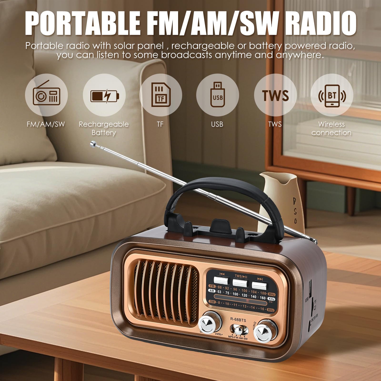 Radio Retro portátil, Radio portátil con Bluetooth, Am/FM/SW Bandas, Batería Recargable y Panel Solar-soporta Tarjeta USB/TF, emparejamiento TWS, diseño portátil para Cocina, baño, Viajes (café)