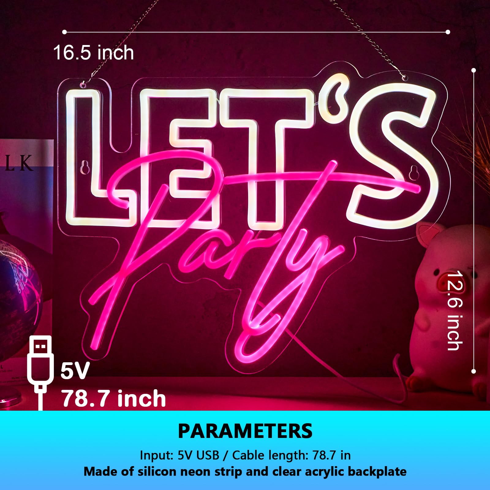 Let's Party Neonschild Lets Party Neonschild für Wanddekoration Party Dekorationen USB Dimmbar LED Neonlichter für Geburtstag Hochzeit Bierbar Küche Restaurant Home Bar Pub Taverne Party Man Cave Club