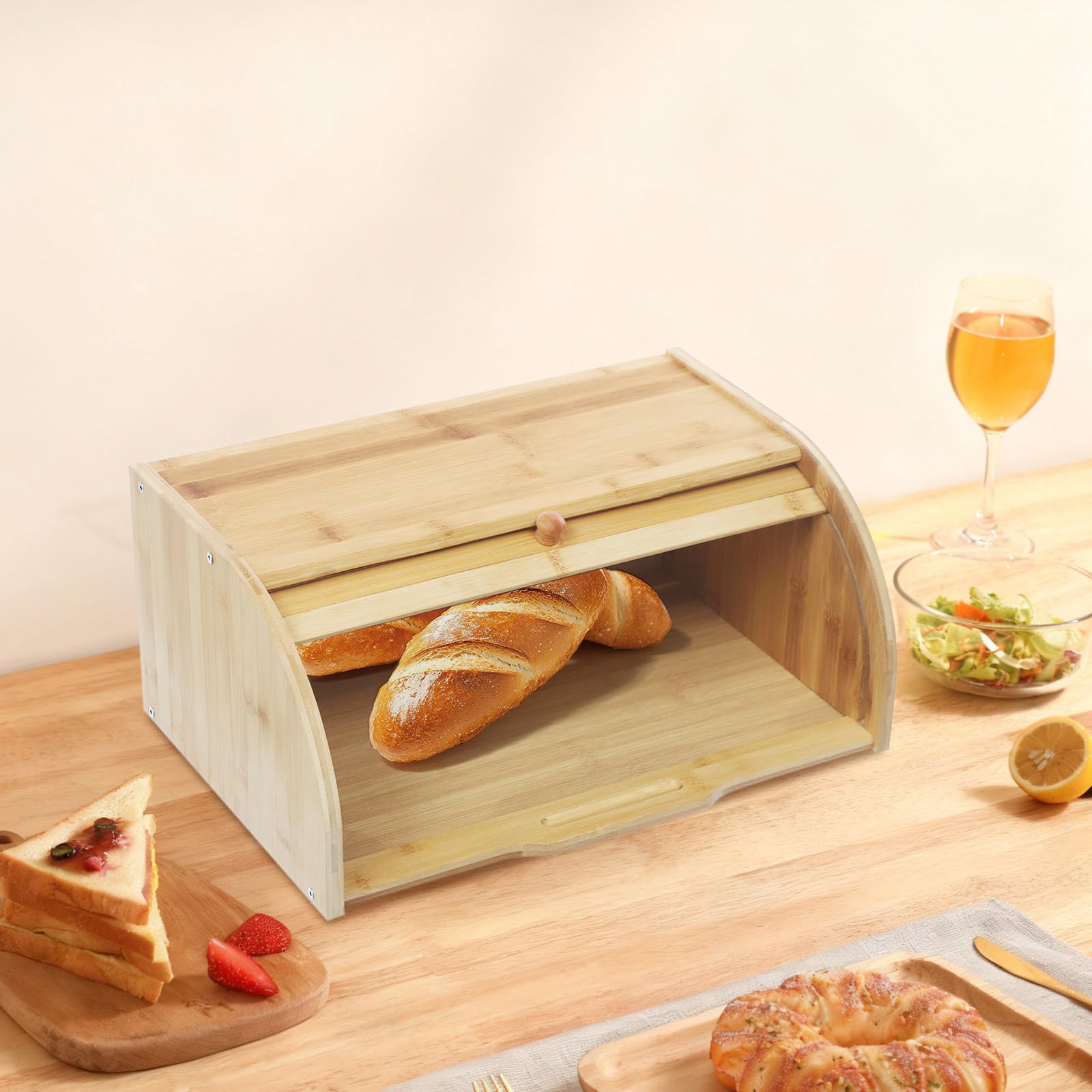 Panera de bambú con tapa enrollable para guardar productos horneados como pan, pasteles, baguettes y patatas, 40,2 x 27 x 17,3 cm
