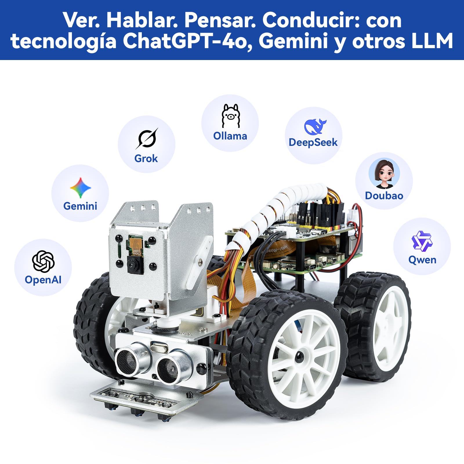 SunFounder Picar-X Kit de Coche Robot con IA para Raspberry Pi 5/4/3B+/Zero 2W, Openclaw LLM ChatGPT/Gemini/Grok, reconocimiento de Voz y vídeo, Python, Scratch, cámara (Raspberry Pi no Incluido)