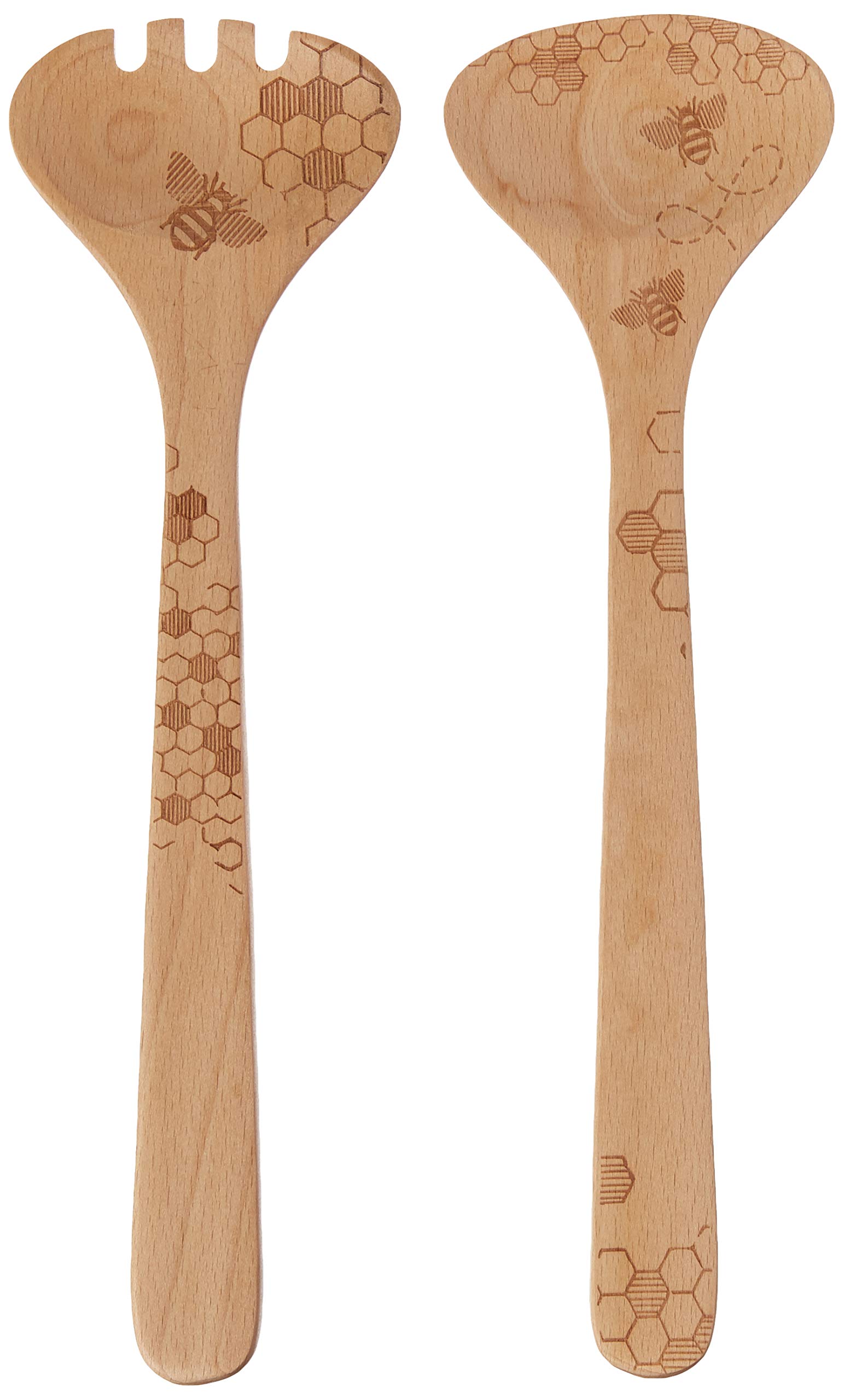 Talisman Designs Laser Etched Beechwood Honey Bee Design | Fork & Spoon Serving, Salad Server Set, Tool | Small Wooden Utensils