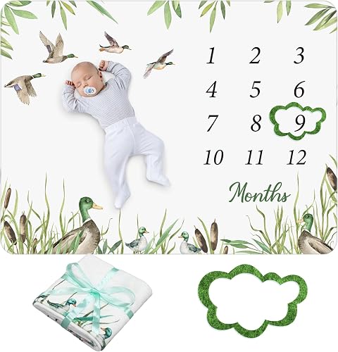 Preboun Mallard Duck Baby Monthly Milestone Blanket 40"x60" Mallard Duck Stuff Flannel Newborn Month Blanket Photography Background Growth Chart Milestone Shower Gift for Boy or Girl with Felt Marker