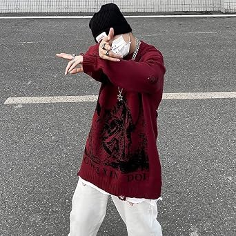 Mens Long Sleeve Printed Cable Knit Sweaters Casual Oversized Crewneck Sweater Pullover