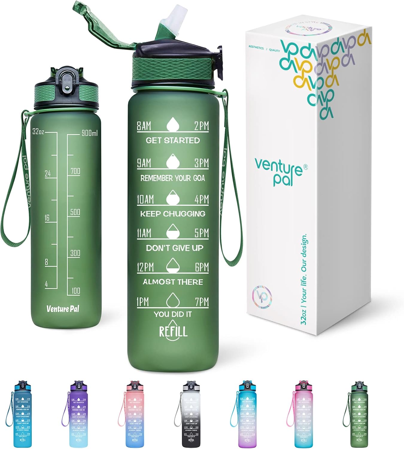 Venture Pal 22oz/32oz Motivational Water Bottle with Time Marker, Carry Strap and Silicone Straw - BPA Free, Leak Proof, Wide Mouth - Perfect for Fitness and Outdoor Sports