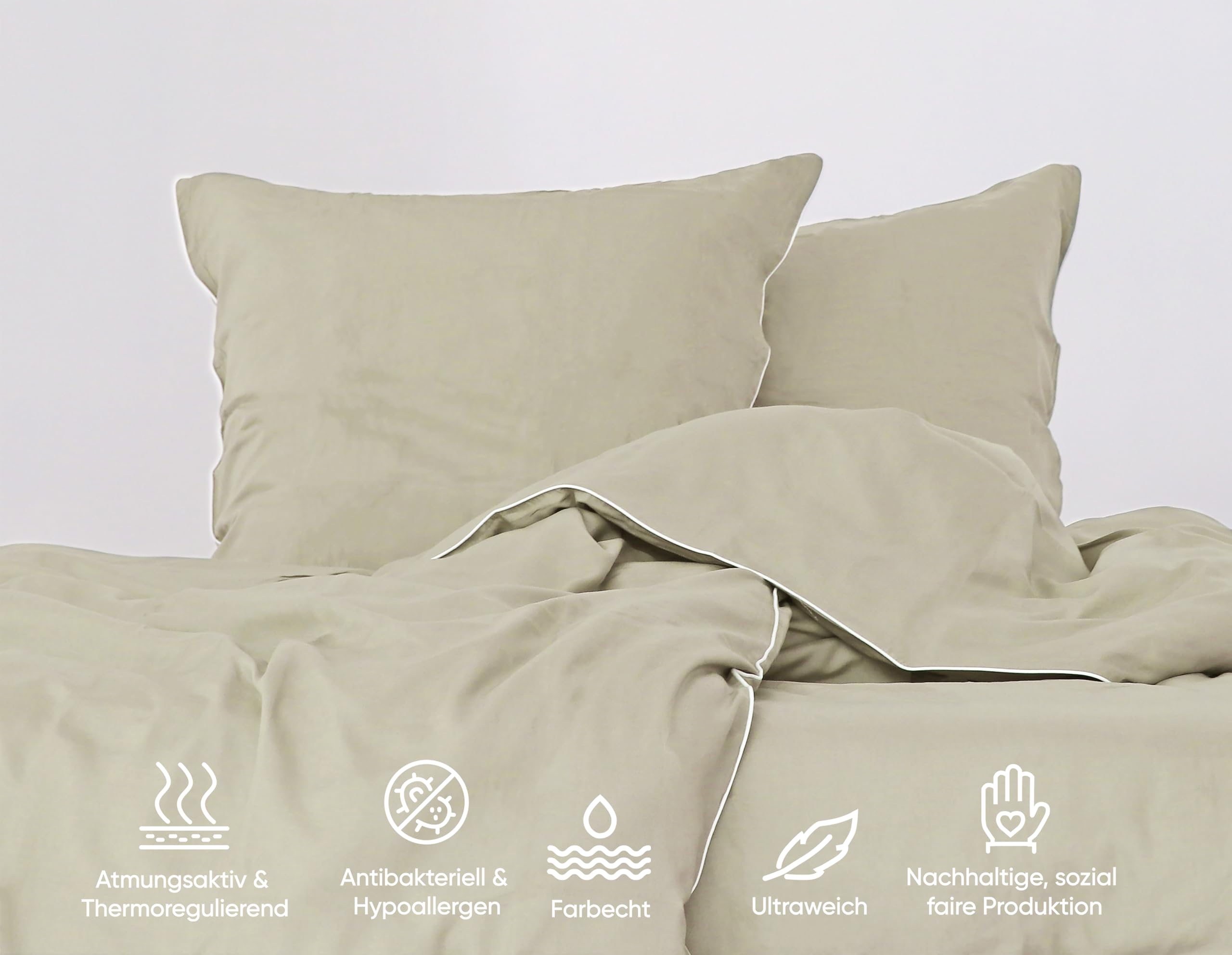jilda-tex Luksusowa pościel premium z eukaliptusa, 100% Lyocell Tencel™ Piping, certyfikat wyjątkowo ekologiczna (beżowa, 2-częściowa. 135 x 200 cm/80 x 80 cm)