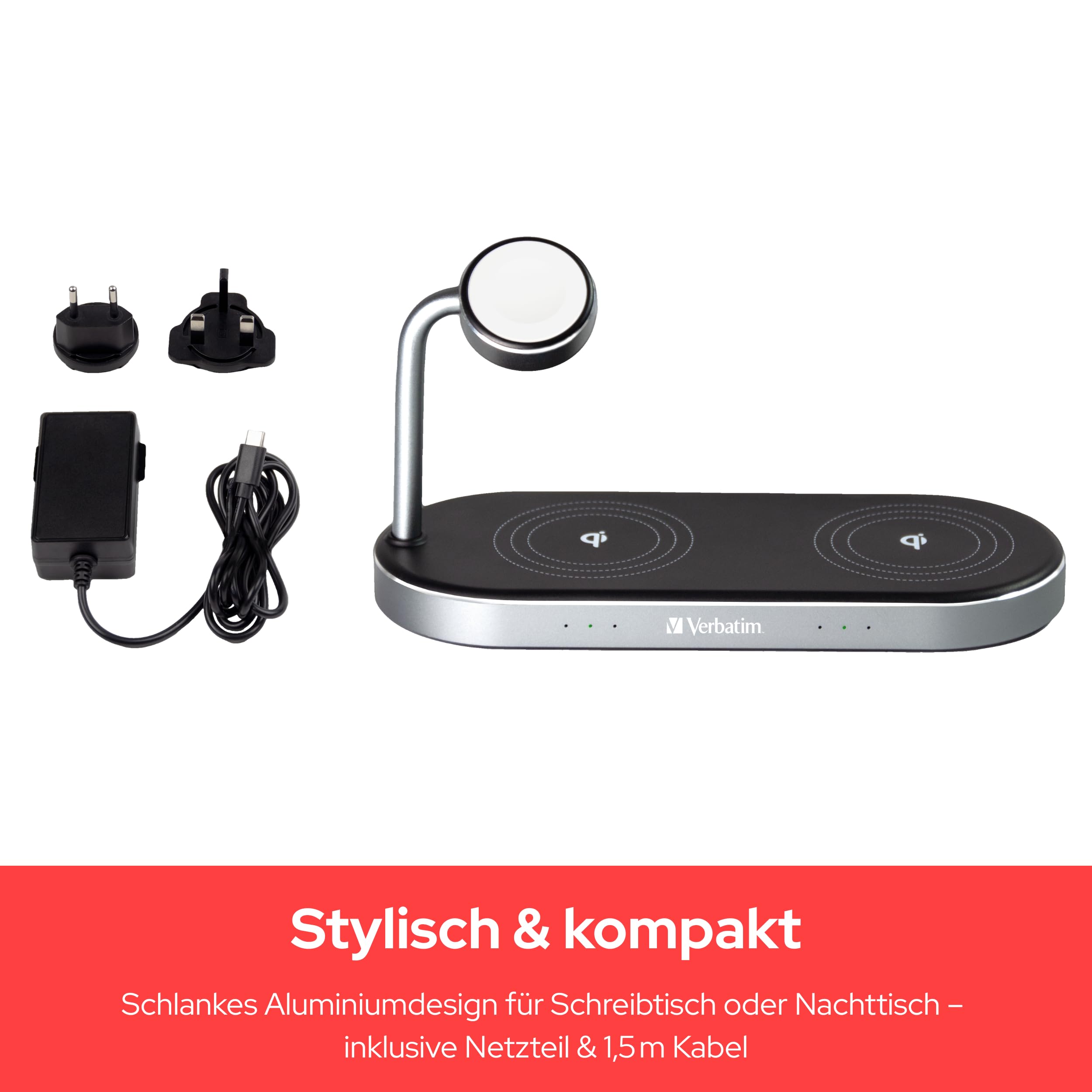 Verbatim 3-in-1 Qi MFi Dual Wireless Charger WCS-03, für iPhone, Apple Watch & Qi-fähige Geräte, Handy Ständer mit induktiver Ladestation, kabelloses Ladegerät für Apple, Samsung und mehr
