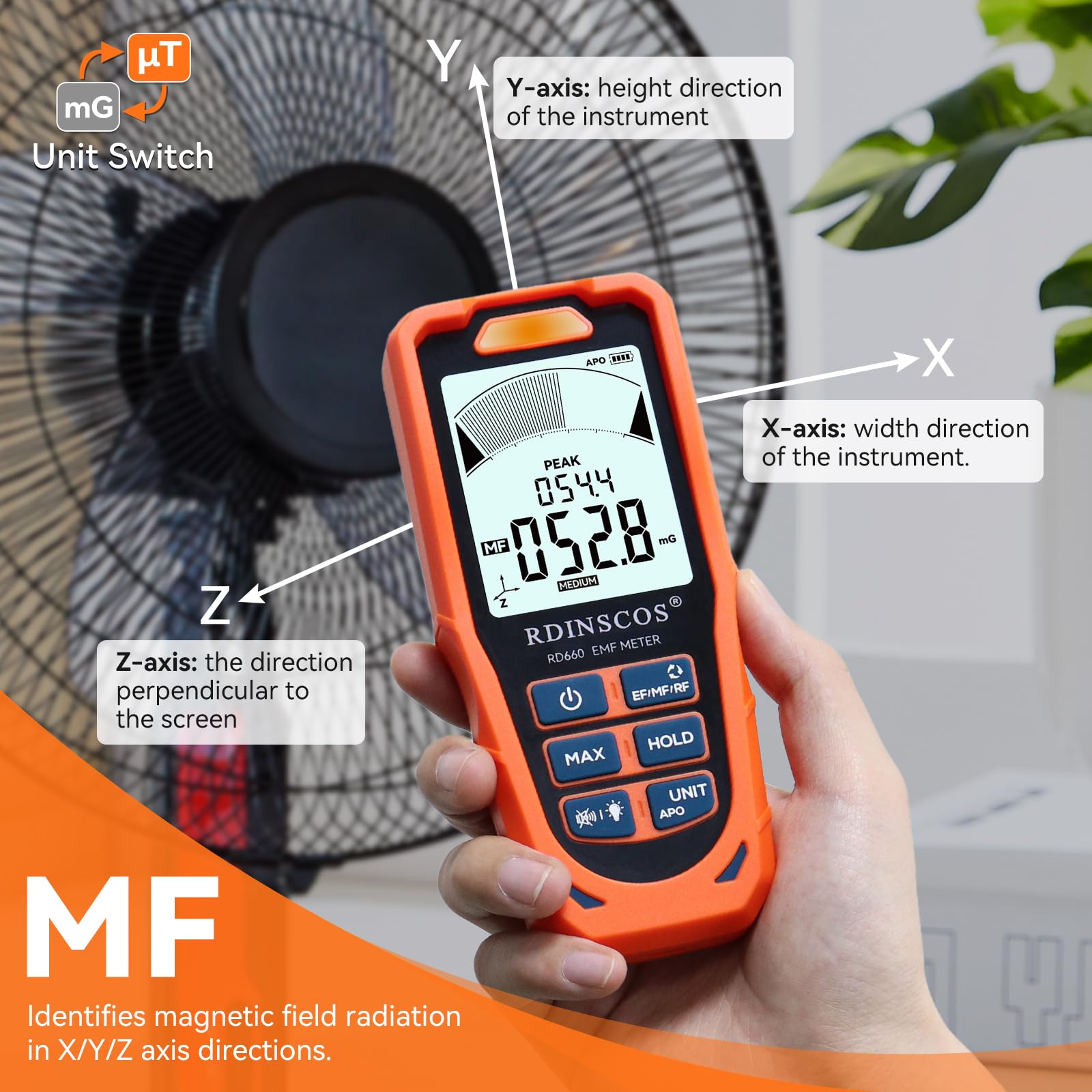 RDINSCOS Détecteur EMF, 3 en 1 Rayonnement électromagnétique pour EF MF RF, Détecteur Portable Numérique de Rayonnement pour Champs électromagnétiques pour la Maison, le Bureau et en Déplacement