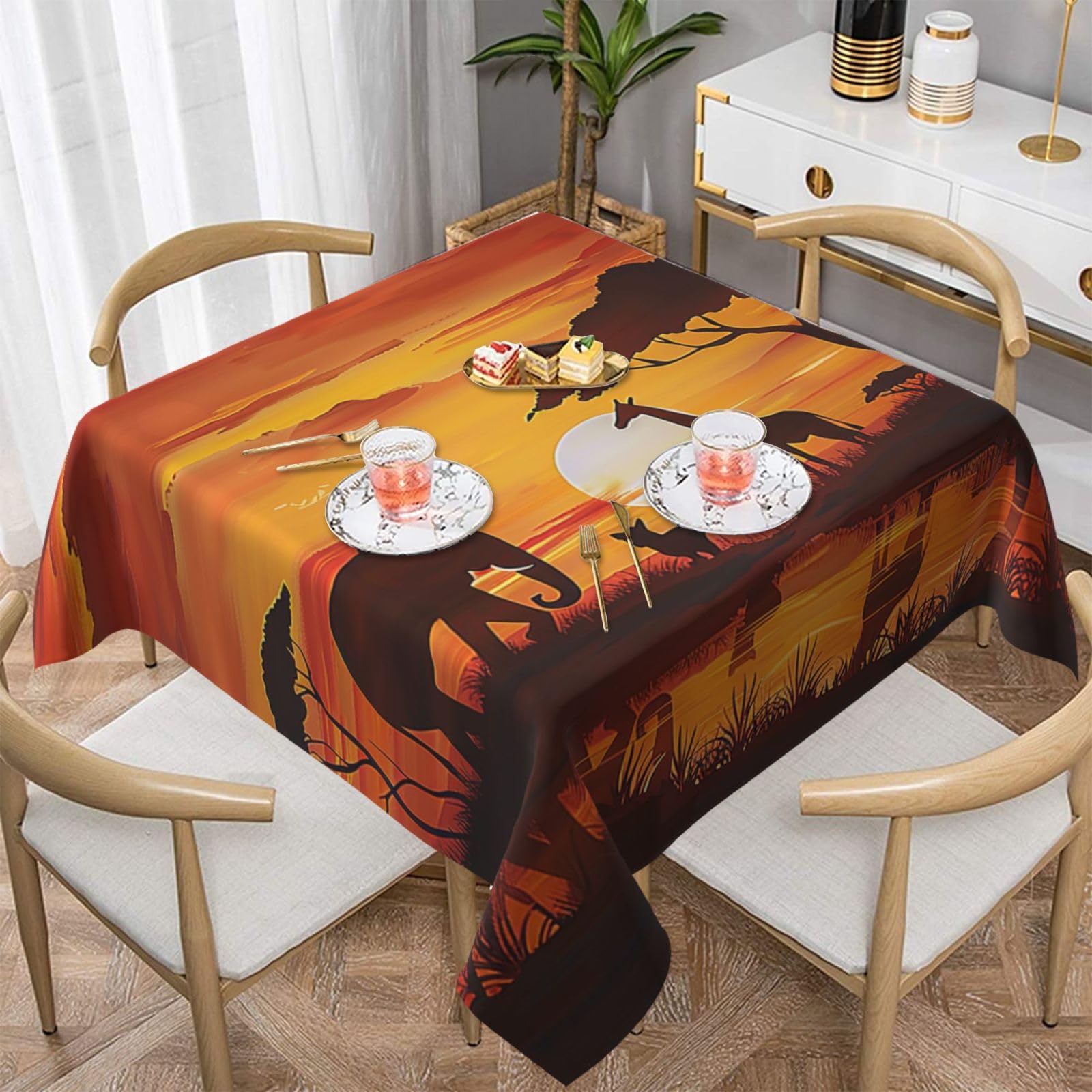 WPKJU Elephant and Giraffe in The Sunset Printed Square Tablecloth 54x54 inch Water Resistant Table Cover Washable Rectangle Table Cloth for Dining Tables