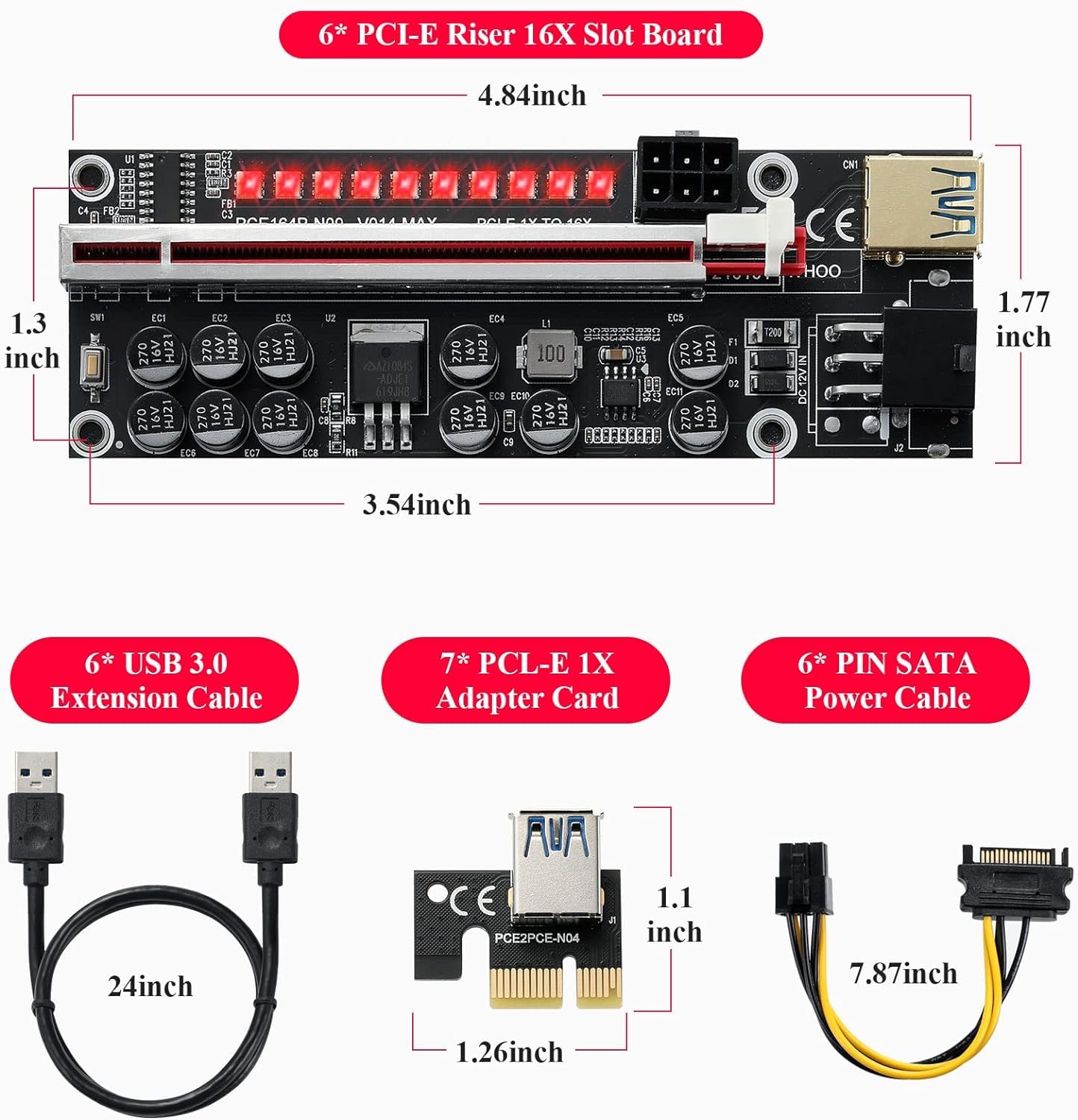 YABOANG PCI-E Riser 6er Set - Für Bitcoin & Ethereum Mining Mit LED Lichteffekten