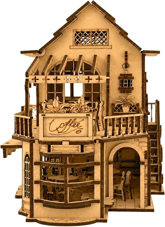 AlgWoodDesign Coffee Shop Diorama Ahşap Maket Seti 362 Parça – DIY Miniatür Kafe Binası Koleksiyoner Modeli