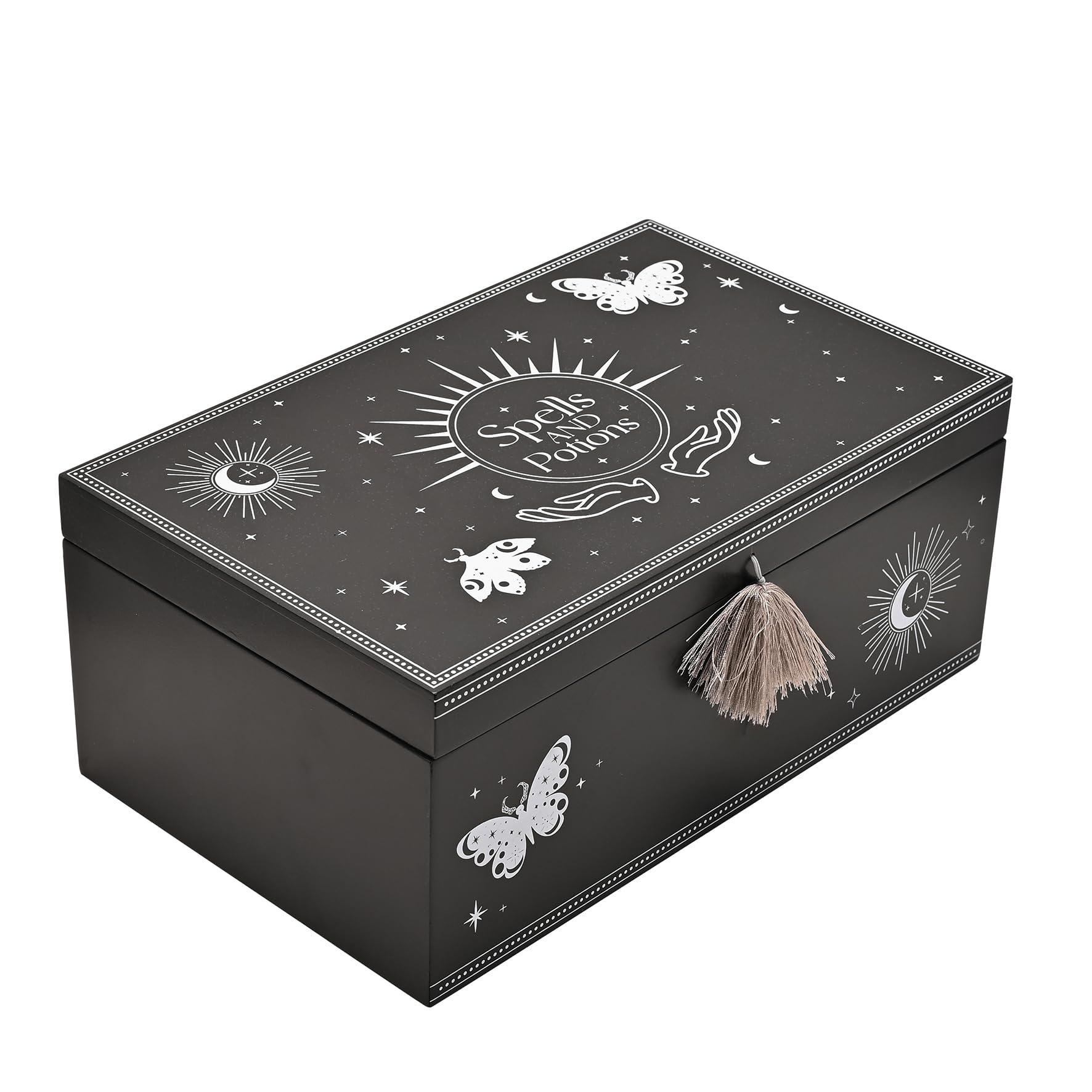 Widdop and Co Juliana Mystic Legends Black Wooden Spells & Potion Box | Celestial Keepsake Storage with Moon, Stars & Butterfly Design | Witchy Decor Gift with Tassel Accent