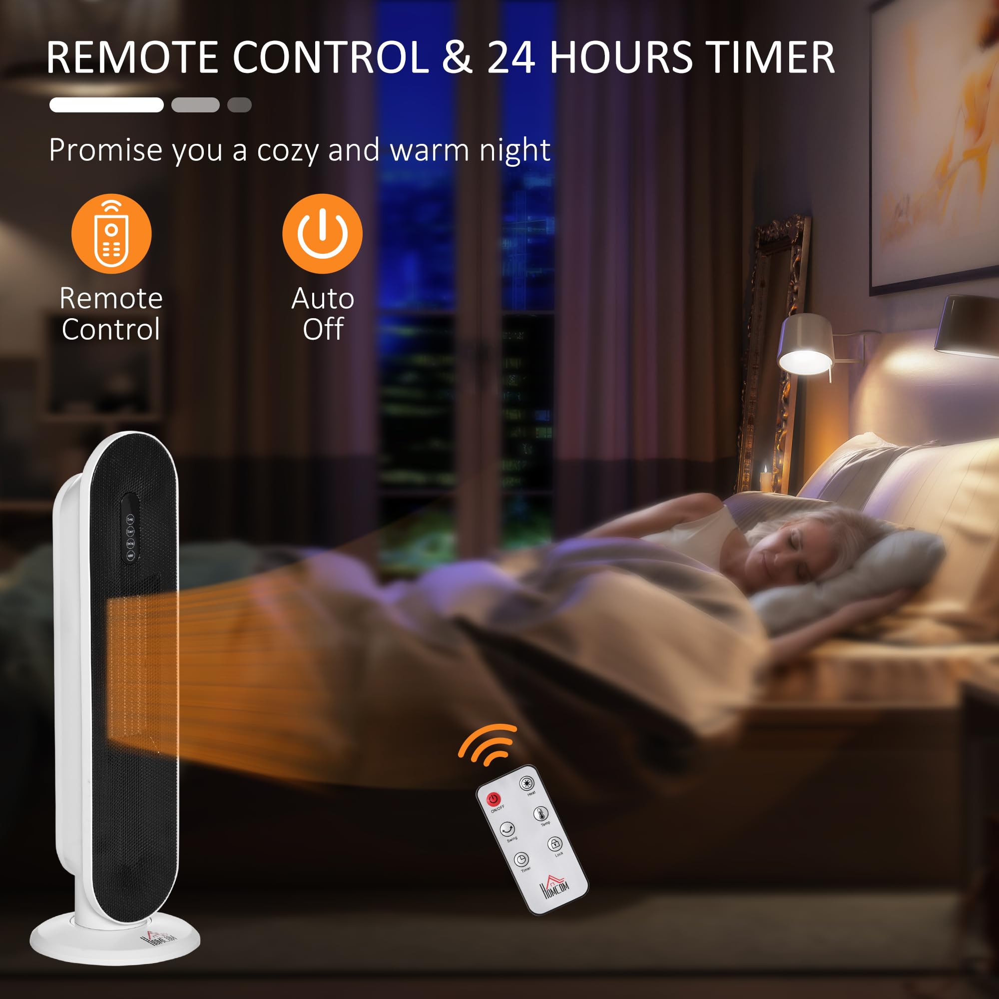 HOMCOM Calefactor Cerámico de Torre 1200W/2000W PTC 20 m² Blanco y Negro | Mando a Distancia, Termostato, Temporizador de 24H, Oscilación 45°, Sistema Antivuelco, para Sala
