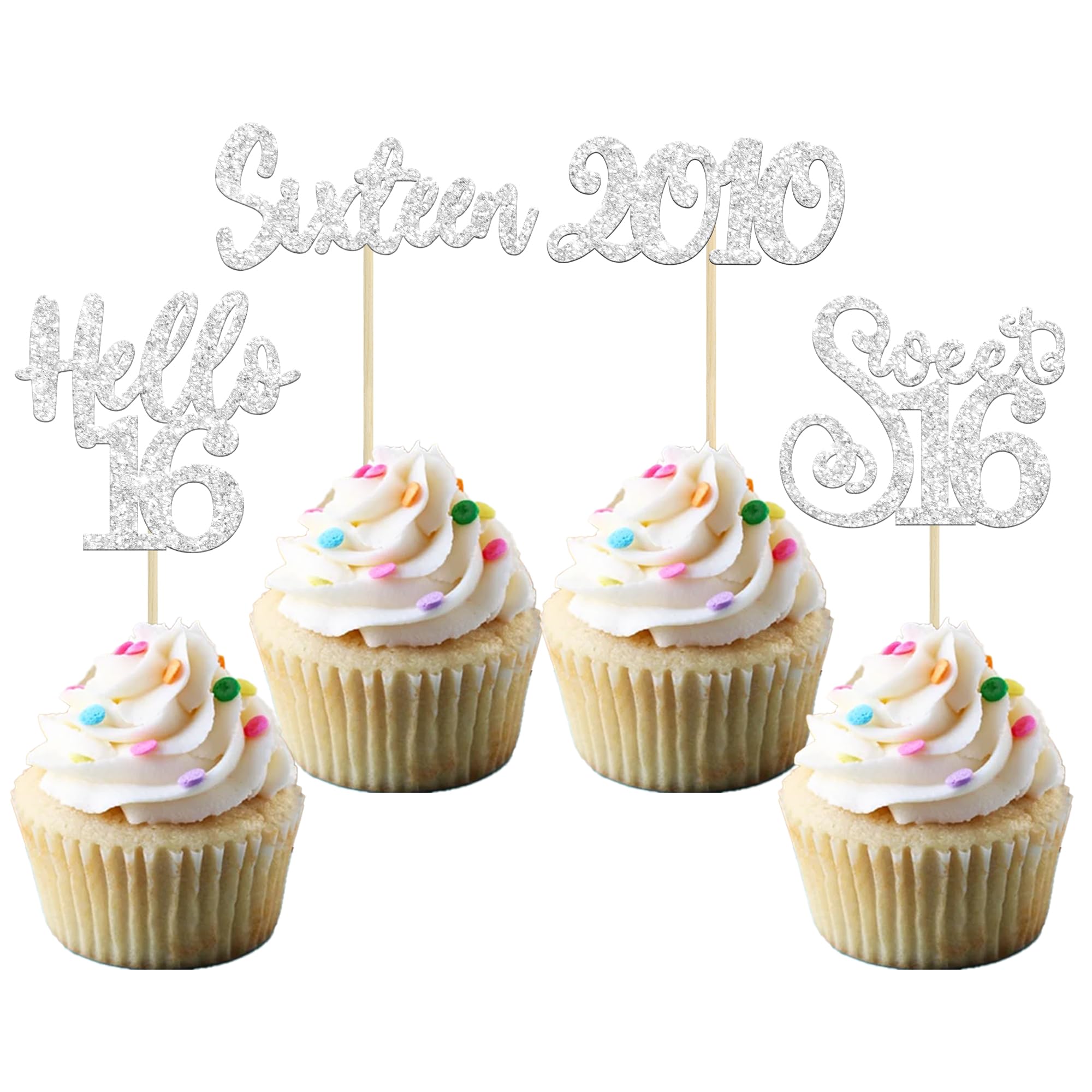 Gyufise 24Pcs 16th Birthday Cupcake Toppers Silver Glitter Hello 16 Sweet 16 Cupcake Picks 2010 16th Birthday Cake Decorations for Celebrating Anniversary Party Supplies