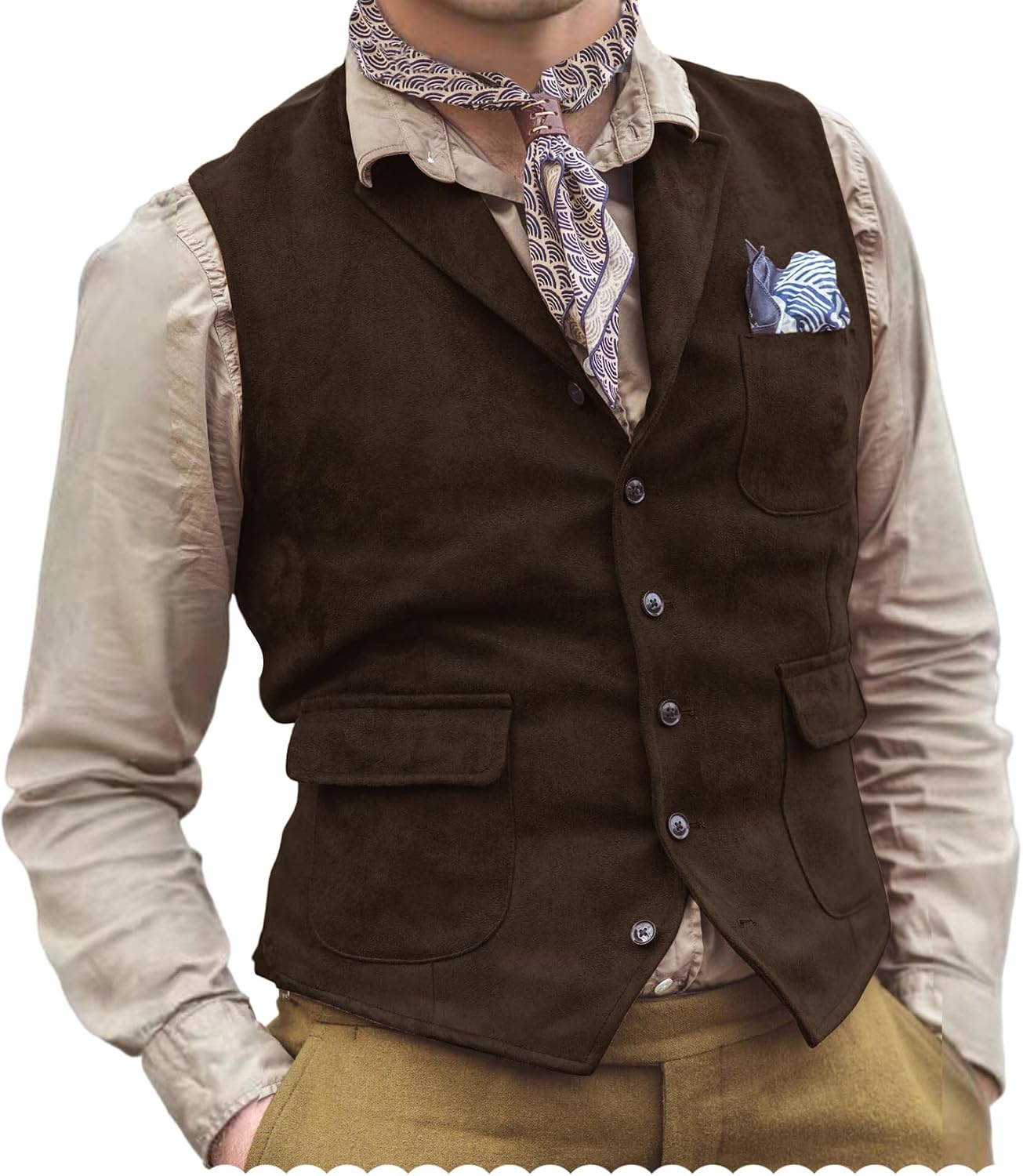 Men's Suede Leather Suit Vest with Lapel Casual Slim Fit Western Waistcoat