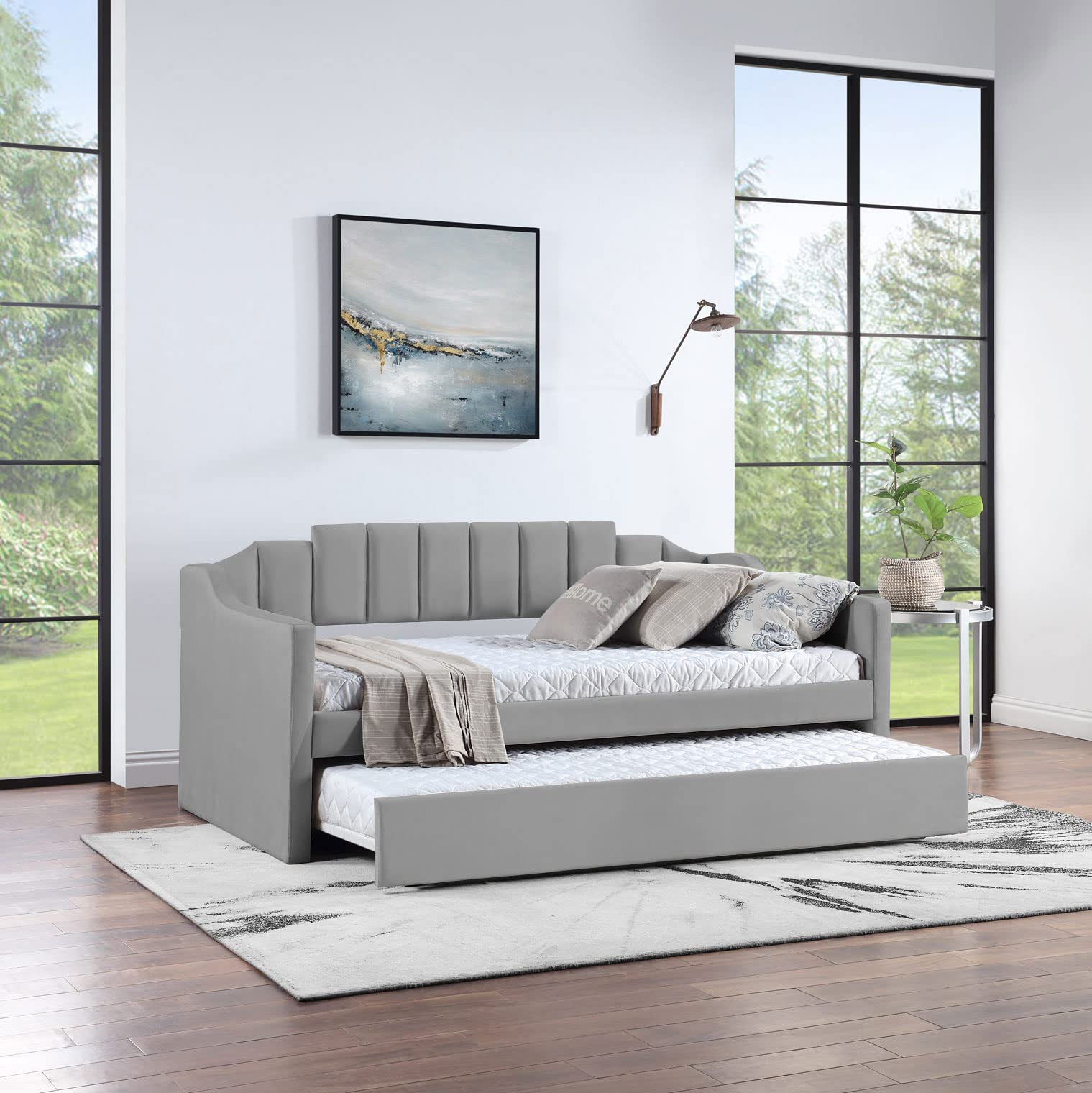 GLORHOME Twin Daybed with Trundle, Velvet Upholstered Tufted Sofa Day Bed Frame with Armset Design for Living Room Bedroom, Gray- INCOMPLETE 
