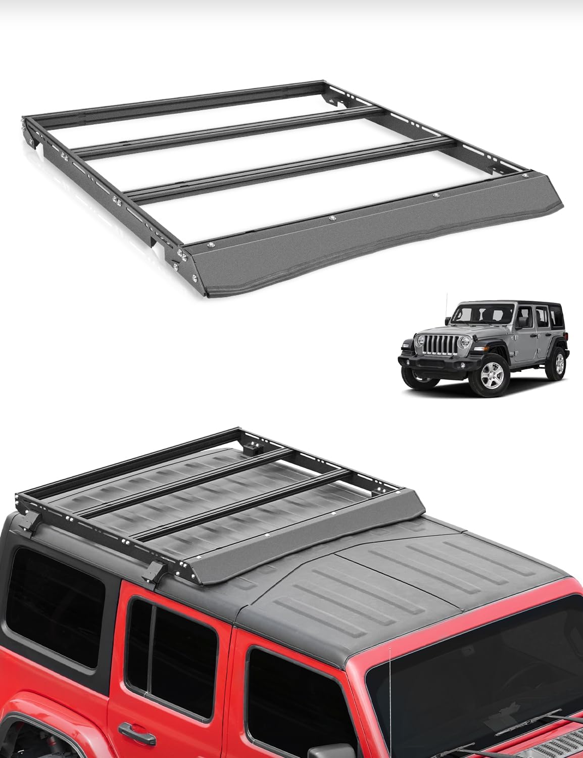 JROAD Wrangler JK Hard top Platform Roof Rack,Full Length Cargo Carrier Basket Cross Bars fit for Jeep Wrangler JK 2007-2018 4 Door Hardtop, Rooftop Storage Carrier Luggage Rack