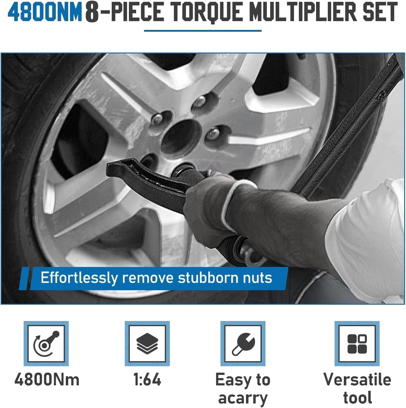 YUNGTEE Heavy Duty Torque Multiplier Wrench Set - 1:64 Torque Wrench Set Labor Saving Torque Multiplier Wrench Lug Nut Remover Lug Nut Wrench Set 1'' Drive 4800 NM with 8PCS CR-V Sockets Set