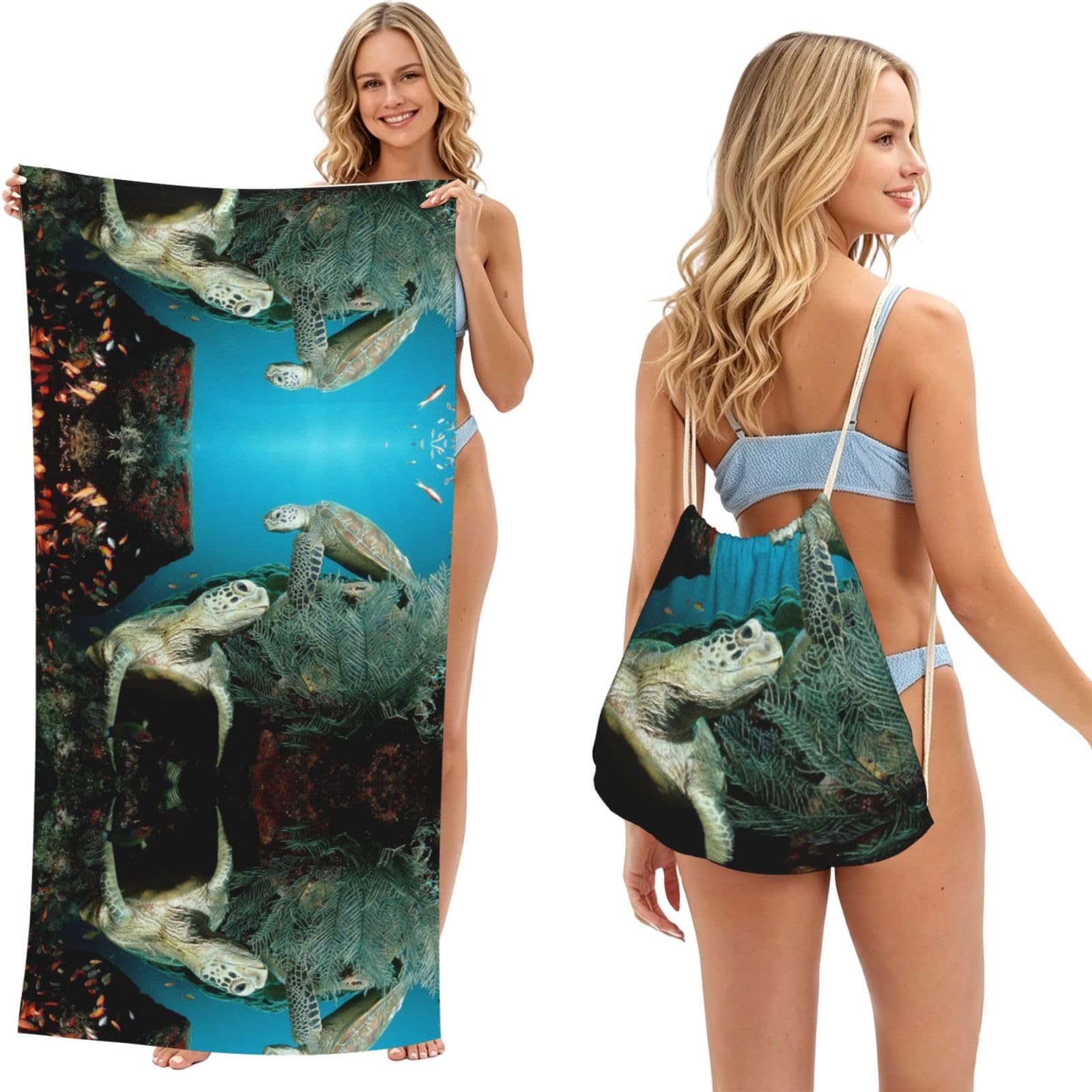 EZDLOWVBA Sea Turtle Print Beach Towel Backpack 2 In 1 Summer Large Lightweight Beach Towel - Multifunctional Ship Pattern Towel Bag For Storage,Sport