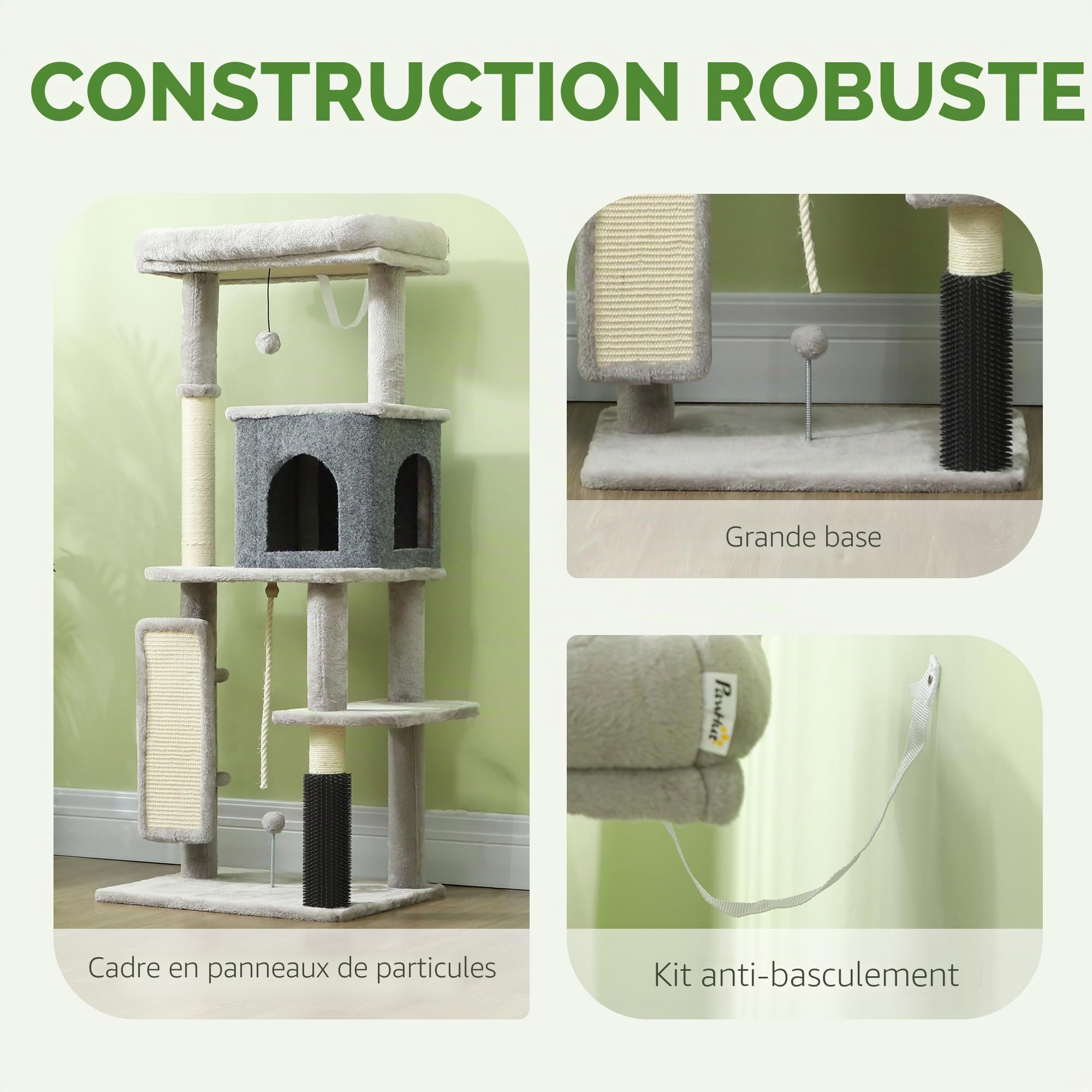 PawHut Arbre à chat de 132 cm avec grotte, balle de jeu, griffoir en sisal, pour chats jusqu'à 6 kg, gris clair