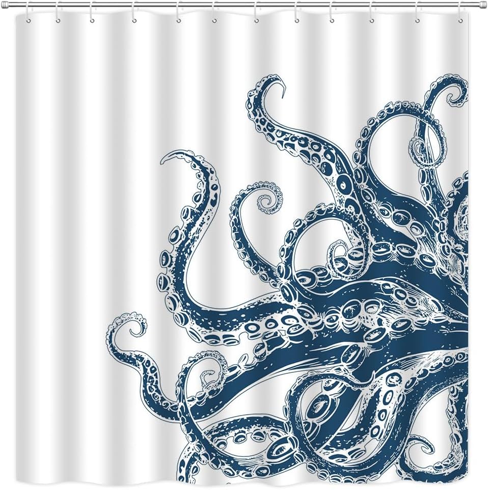 Octopus Shower Curtain Funny Green Ocean Kraken Giant Tentacle Vintage Nautical Animal Modern Cool Polyester Curtains Bathroom Decor with Hooks 70" Wx84 H