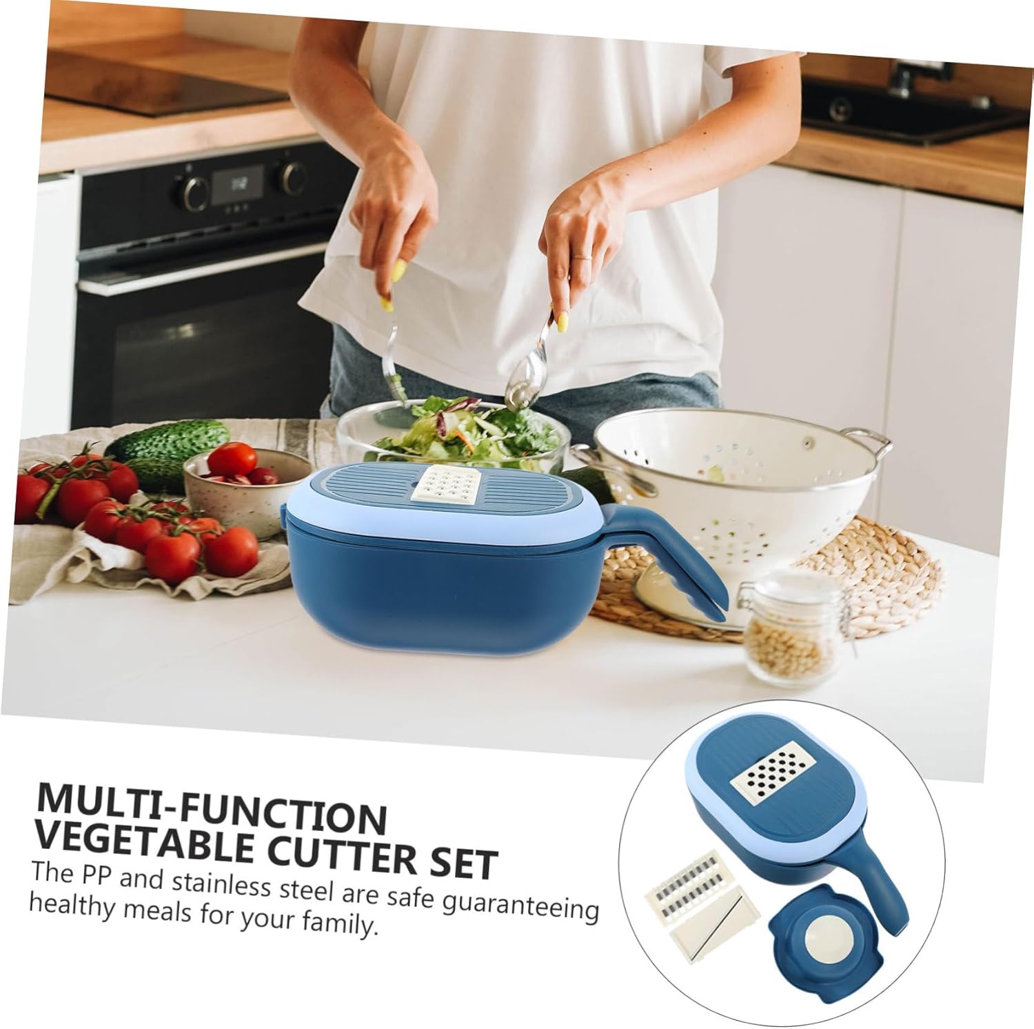 Vegetable Chopper Adjustable Blades Multi-functional Manual Cutter for Fruits and Vegetables Easy to Clean Includes Drain Basket for Efficient Meal Prep