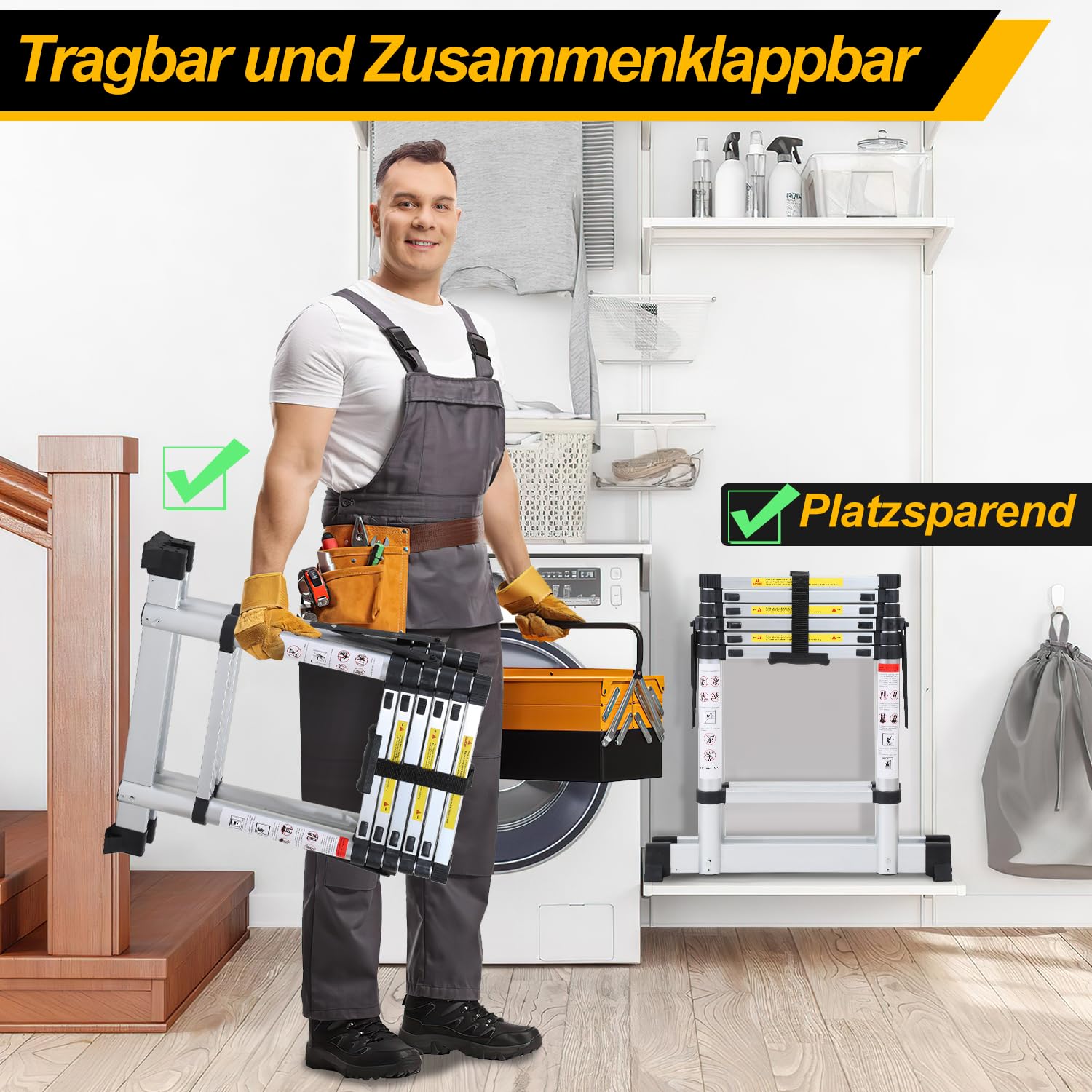 Ikodm Aluminiowa drabina teleskopowa, rama A, 5 + 6 stopni, drabina wysuwana do naprawy dachu, rozmiar po złożeniu 65 cm, nośność 150 kg
