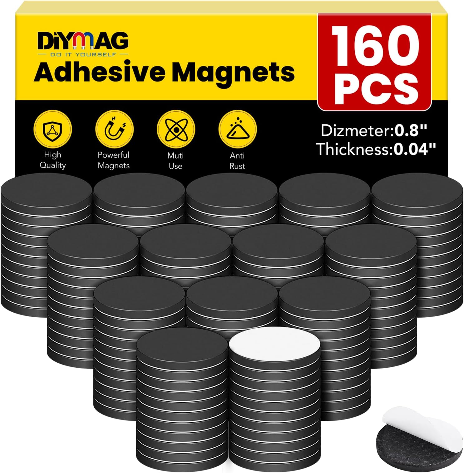 DIYMAG 160Pcs Magnetic Dot with Self Adhesive, Round Magnets Magnetic Tape Flexible Magnet Sheets with Adhesive for Crafts, Photos and Die Storage Easy Peel and Stick, 0.8 x 0.04inch