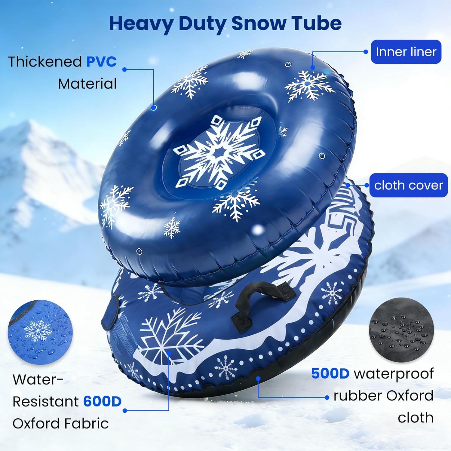 2 Pcs Snow Tube Sled with Canvas Cover for Heavy Duty, with Electric Air Pump, Inflatable Winter Sledding Tube with Handles and Thickened Bottom for Kids Adults, Blue Snowflake Design