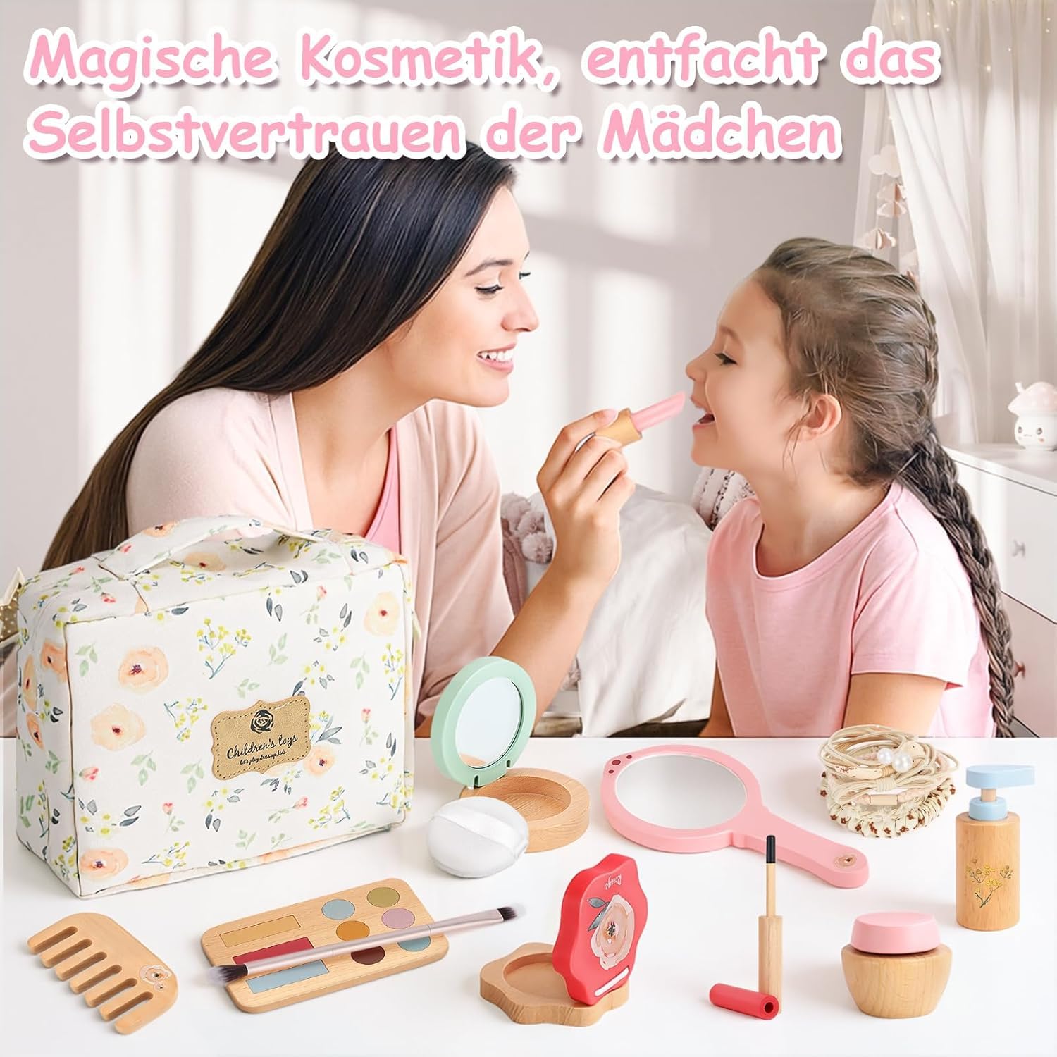 Herefun Set Trucchi Bambina in Legno Finti, 25 Pezzi Trucchi Bambina Giochicon, Set Trucco e Parrucchiere con Borsa Cosmetici e Elastici, Giocattoli Finti Montessori per Gioco di Ruolo, Regalo Bimba