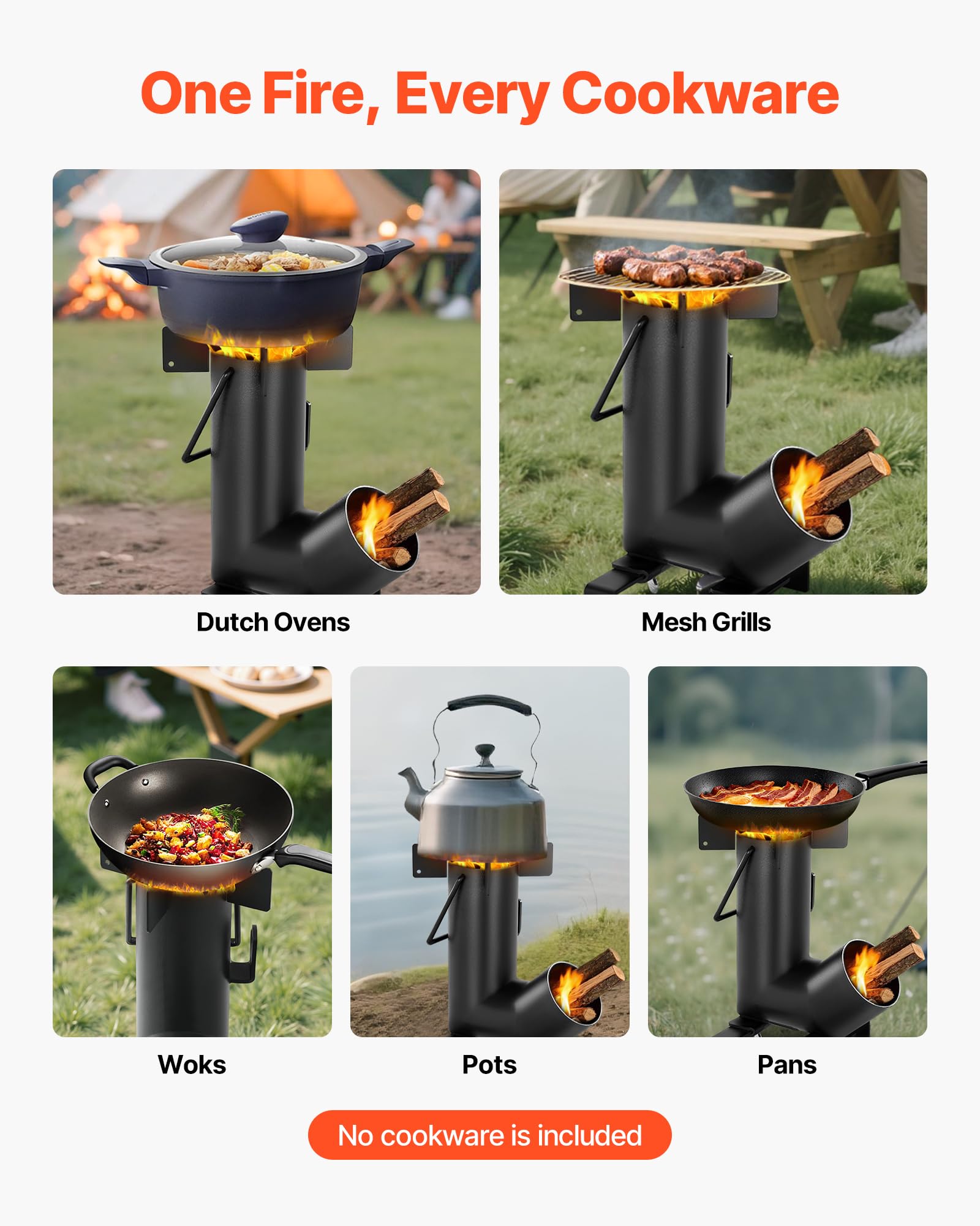 VEVOR Estufa Cohete para Acampar, Estufa Portátil de Leña de Acero al Carbono con Bolsa de Transporte, Asas Laterales, Resistente para Cocinar y Calentar al Aire Libre, Senderismo, Patio, Negro