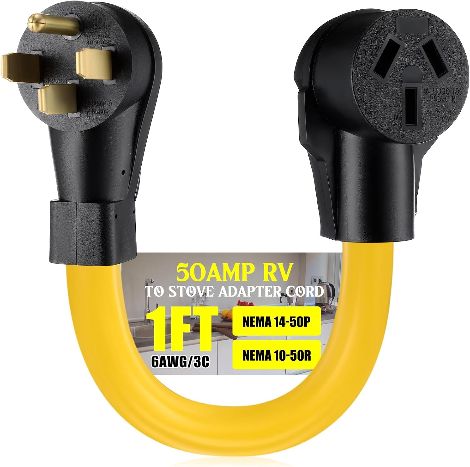 Tellegloww 1 Feet 50Amp NEMA 14-50P to 10-50R RV to Stove Adapter Cord, 4 Prong Generator RV Male to 3 Prong Stove Oven Female Adapter Generator Dryer Power Connect, STW 6 AWG, ETL Listed