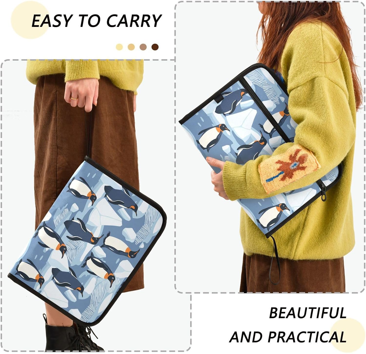 File Folders Penguins on The Ice Plastic Folders with 13 Pockets, Expandable File Folder for Documents School Students Office, Aesthetic Folder with Labels A4 Letter Size