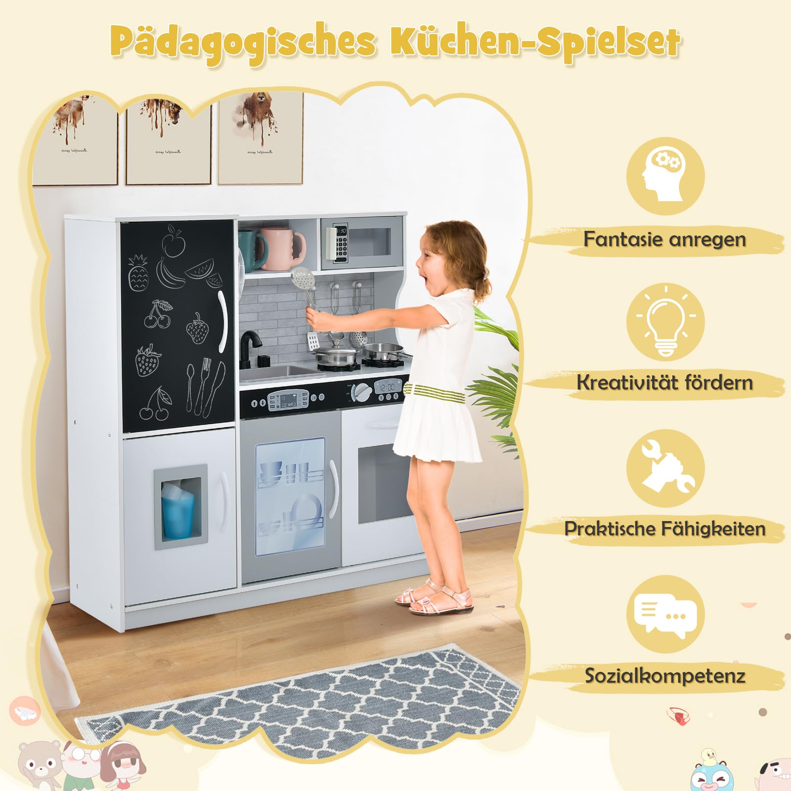 DREAMADE Kinderküche Holz mit Zubehör, Kinderspielküche Holzküche mit Herd Geschirrspüler Eismaschine Kühlschrank mit Tafel, Spielküche für Jungen und Mädchen ab 3 Jahren (Weiß)