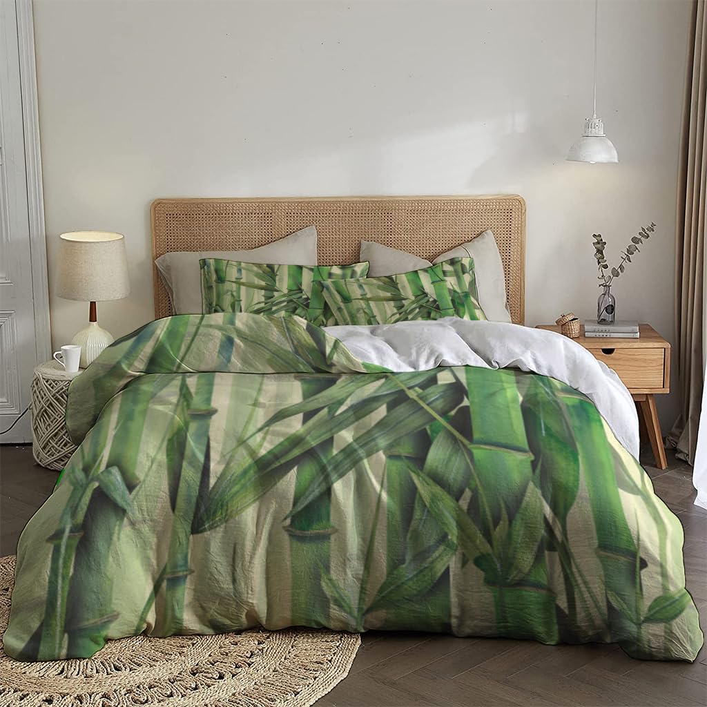 NIBAINLO 布団カバー水彩画-竹の葉 肌に優しい ピーチスキン加工 掛け布団カバー 和式 洋式 あったか 布団カバーセット リバーシブル ホームステイ ホテル 家庭兼用