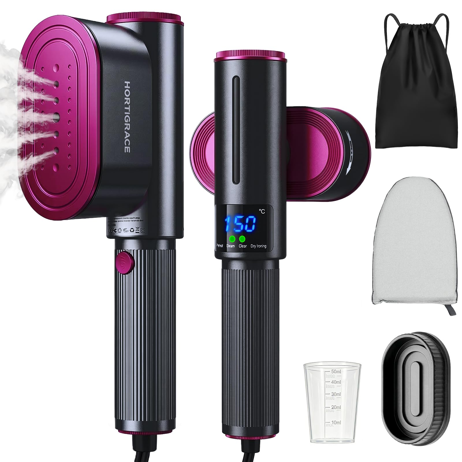 Défroisseur Vapeur de Voyage, 1200W, 24g/min de Vapeur Fer à Repasser Vertical, Grand Réservoir d'eau de 150 ml, 2 en 1 Steamer Chauffage Rapide en 15s pour Voyage