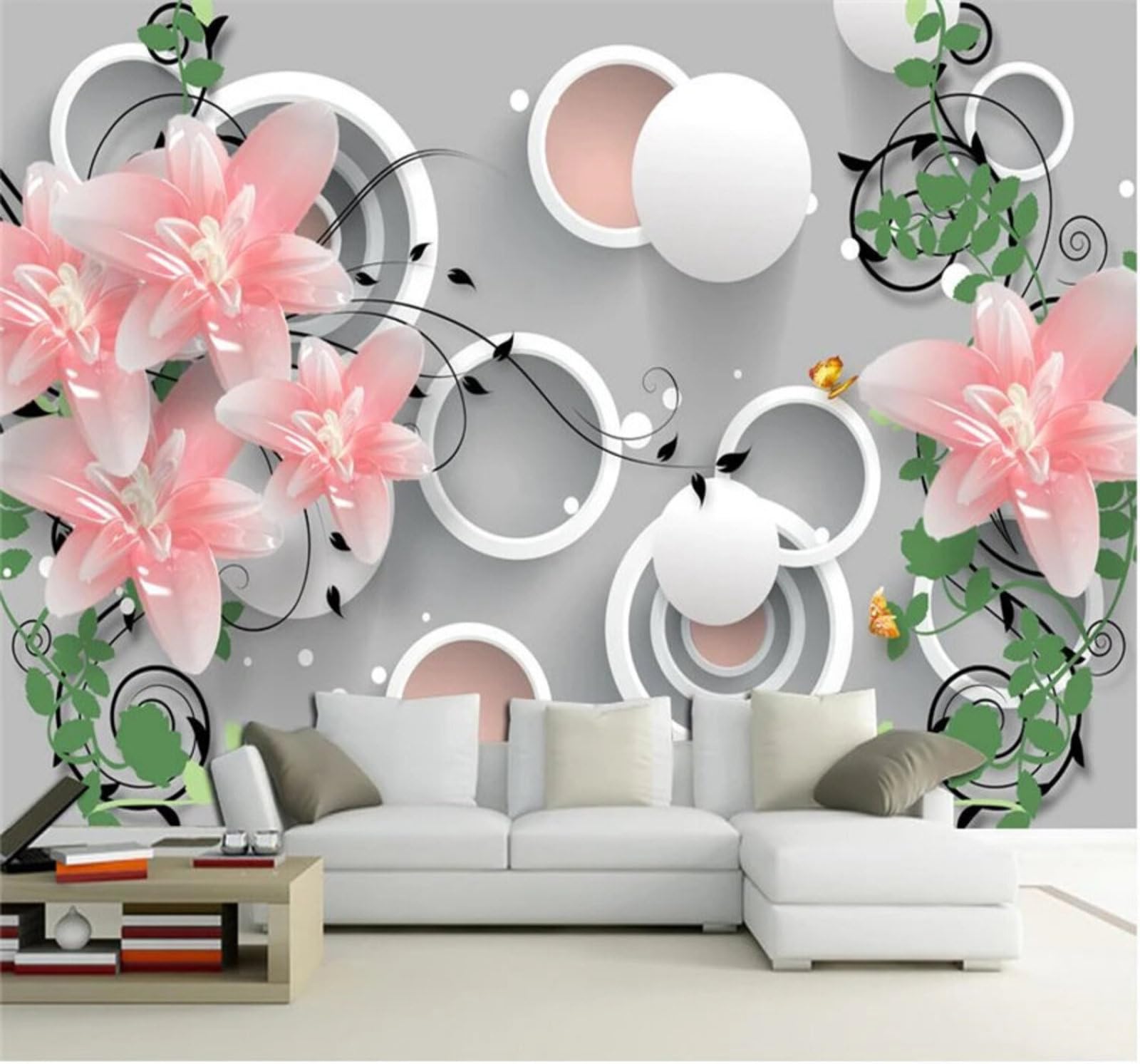 Wallpaper-3D-Xlm 400Cm×280Cm(B×H) Beautiful Jade Carving Pink Flowers Circular 3D Wallpaper Easy Install Feature Office Living Room Sofa Bedroom Tv Background Wall Decoration-400Cm×280Cm
